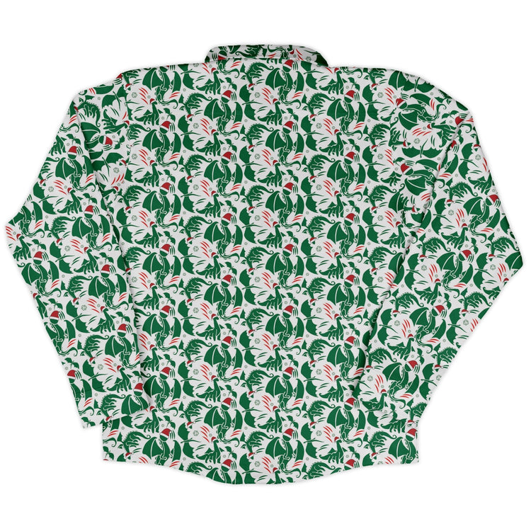DND Santa Hat Dragons Long Sleeve Button Up Shirt Geek Nerd adult sizing Christmas Print Design by Heather Davenport