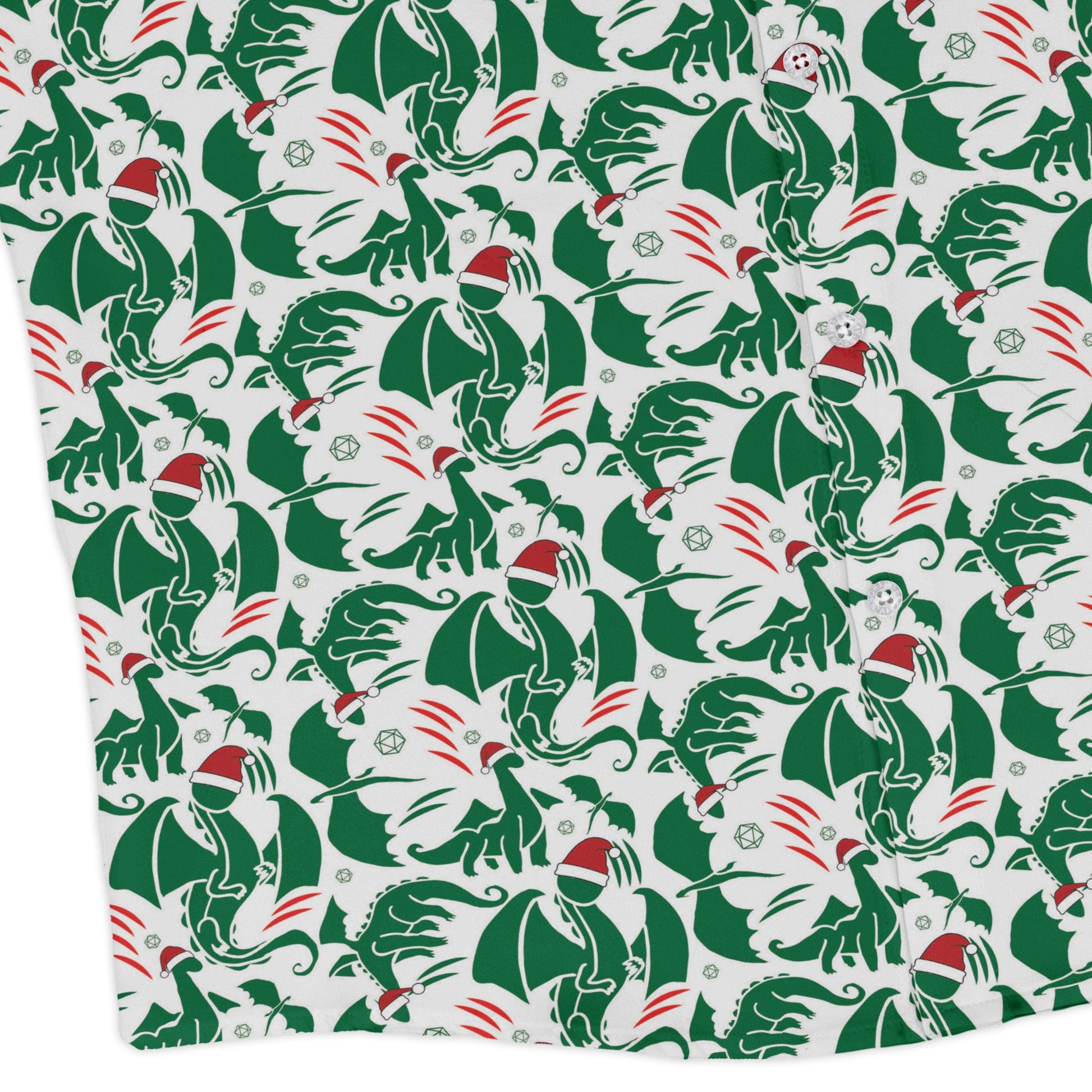 DND Santa Hat Dragons Long Sleeve Button Up Shirt Geek Nerd adult sizing Christmas Print Design by Heather Davenport