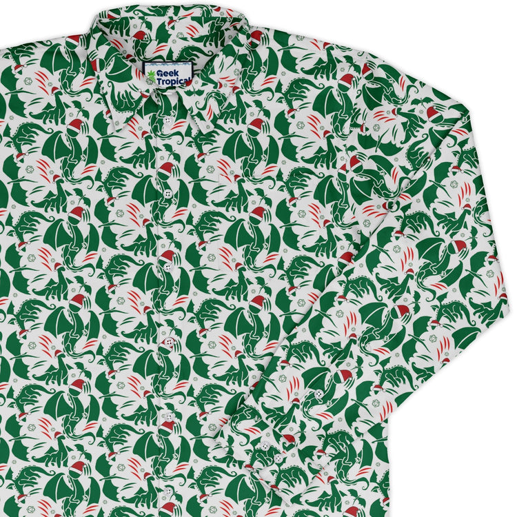 DND Santa Hat Dragons Long Sleeve Button Up Shirt Geek Nerd adult sizing Christmas Print Design by Heather Davenport