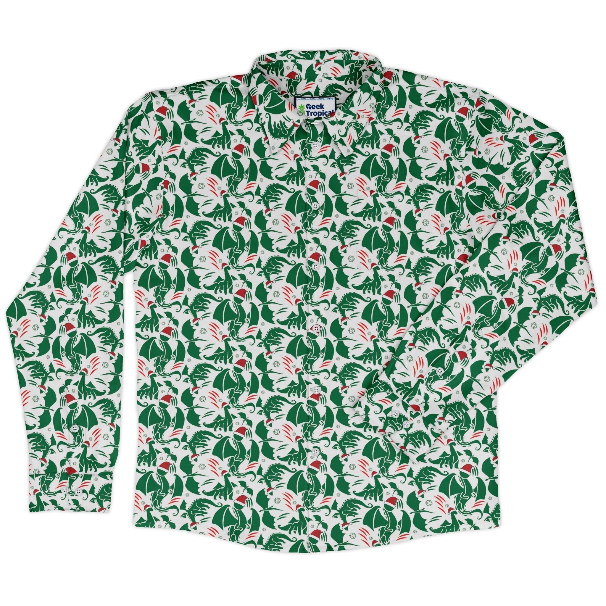 DND Santa Hat Dragons Long Sleeve Button Up Shirt Geek Nerd adult sizing Christmas Print Design by Heather Davenport