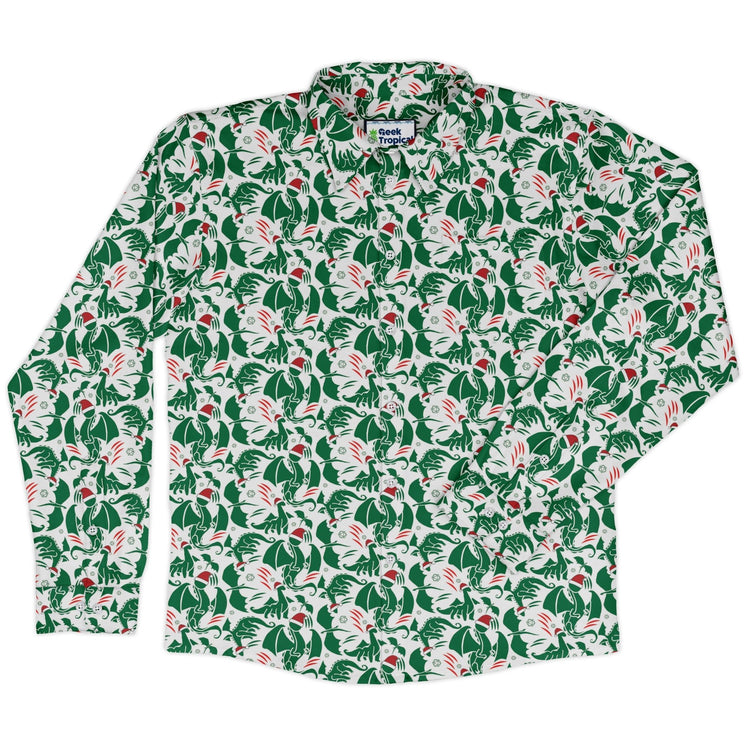 DND Santa Hat Dragons Long Sleeve Button Up Shirt Geek Nerd adult sizing Christmas Print Design by Heather Davenport