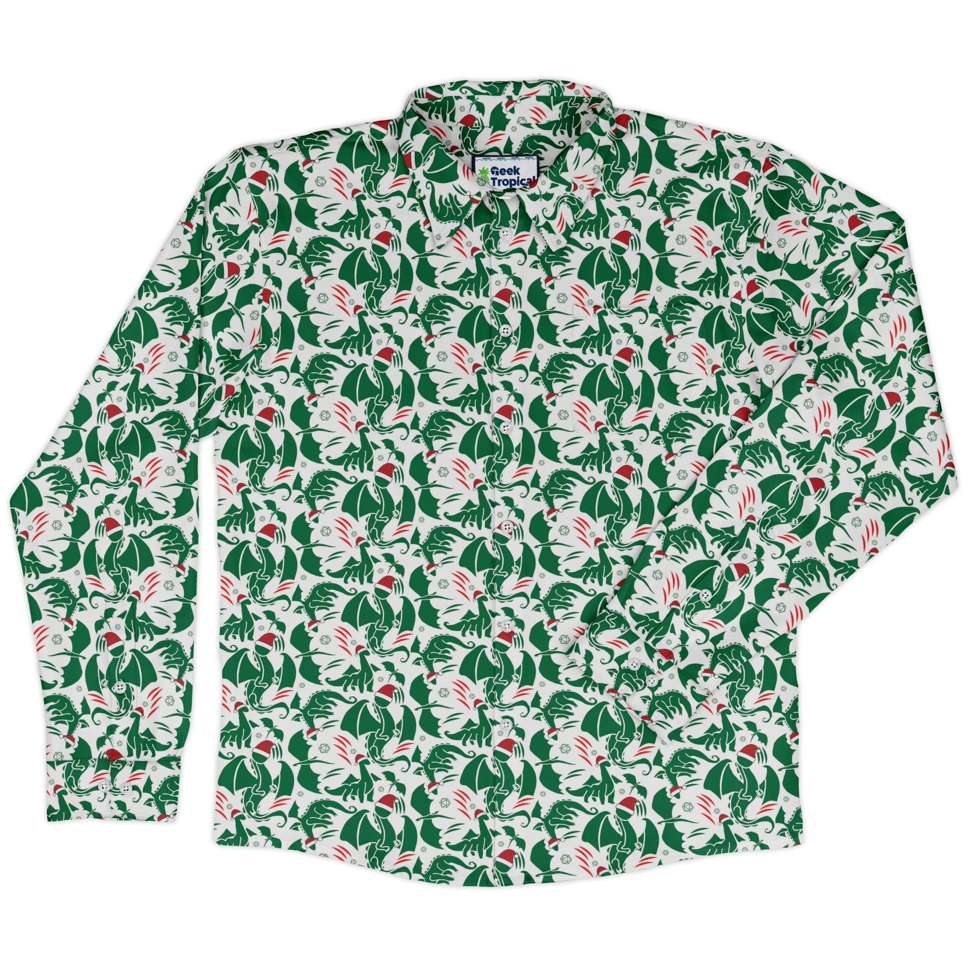 DND Santa Hat Dragons Long Sleeve Button Up Shirt Geek Nerd adult sizing Christmas Print Design by Heather Davenport