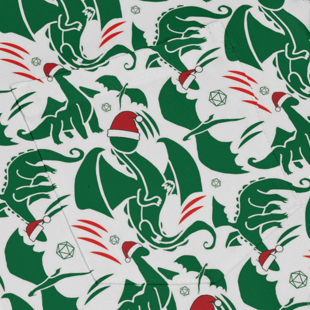 DND Santa Hat Dragons Long Sleeve Button Up Shirt Geek Nerd adult sizing Christmas Print Design by Heather Davenport