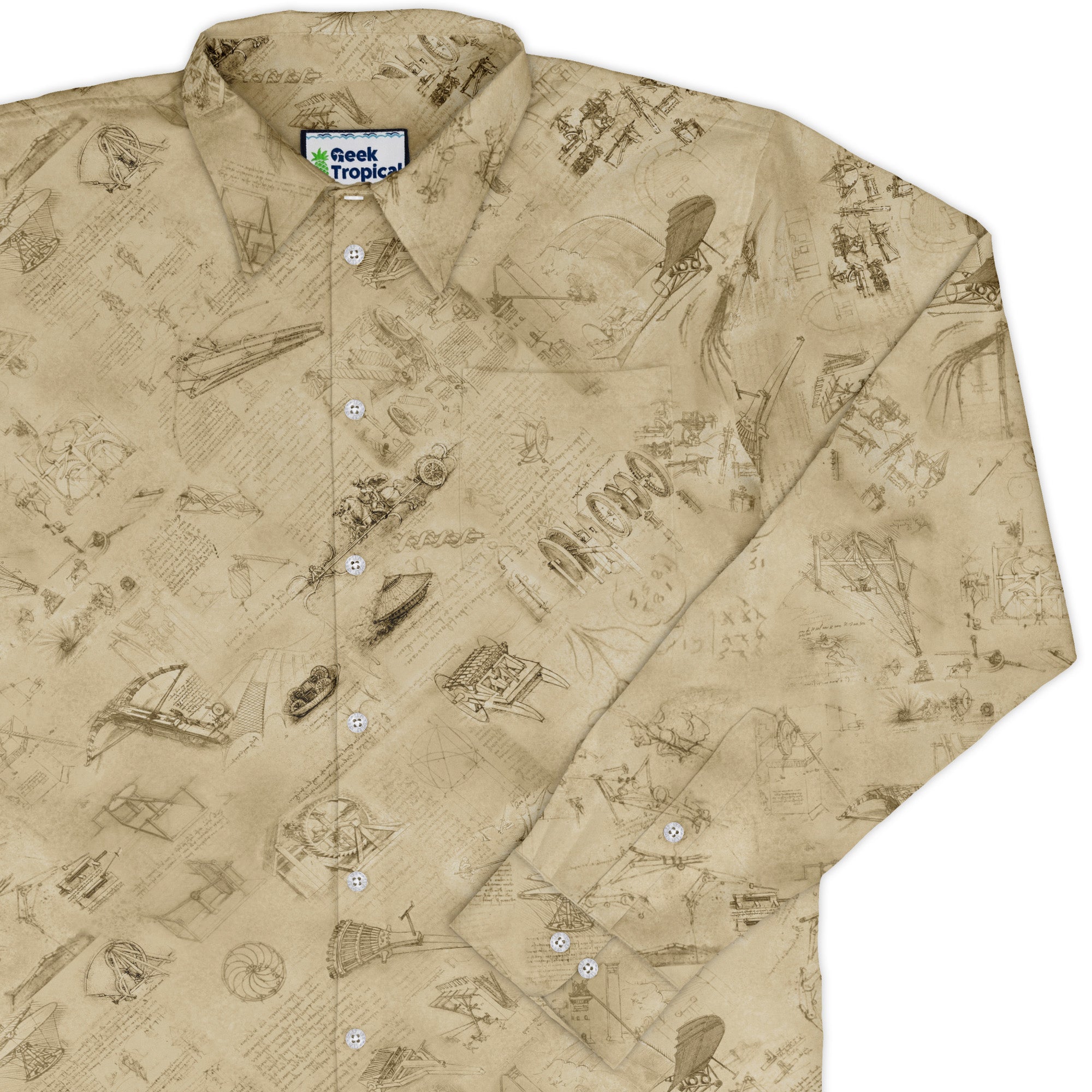 Da Vinci Mechanical Marvels Long Sleeve Button Up Shirt Geek Nerd adult sizing Designs by Nathan FLOW DESC WRITING