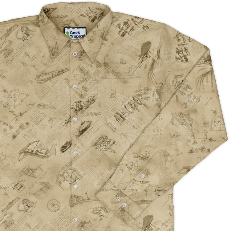 Da Vinci Mechanical Marvels Long Sleeve Button Up Shirt Geek Nerd adult sizing Designs by Nathan FLOW DESC WRITING