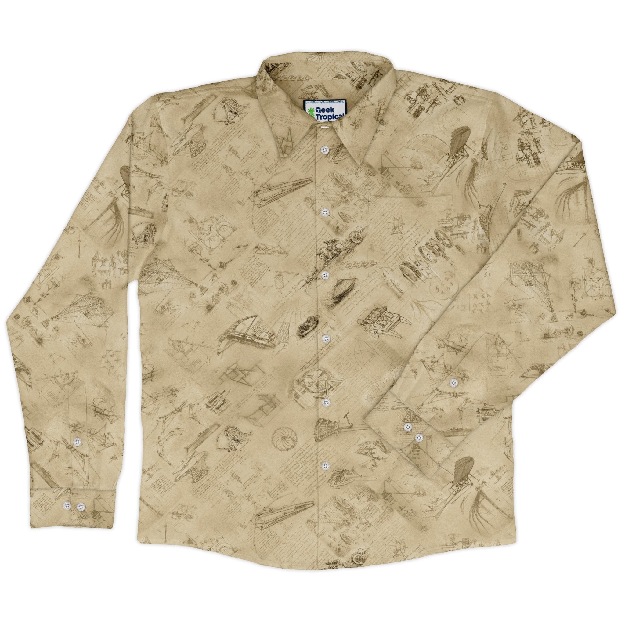 Da Vinci Mechanical Marvels Long Sleeve Button Up Shirt Geek Nerd adult sizing Designs by Nathan FLOW DESC WRITING