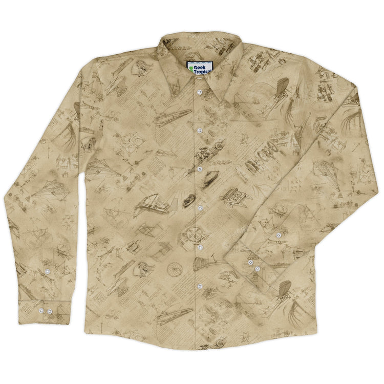 Da Vinci Mechanical Marvels Long Sleeve Button Up Shirt Geek Nerd adult sizing Designs by Nathan FLOW DESC WRITING