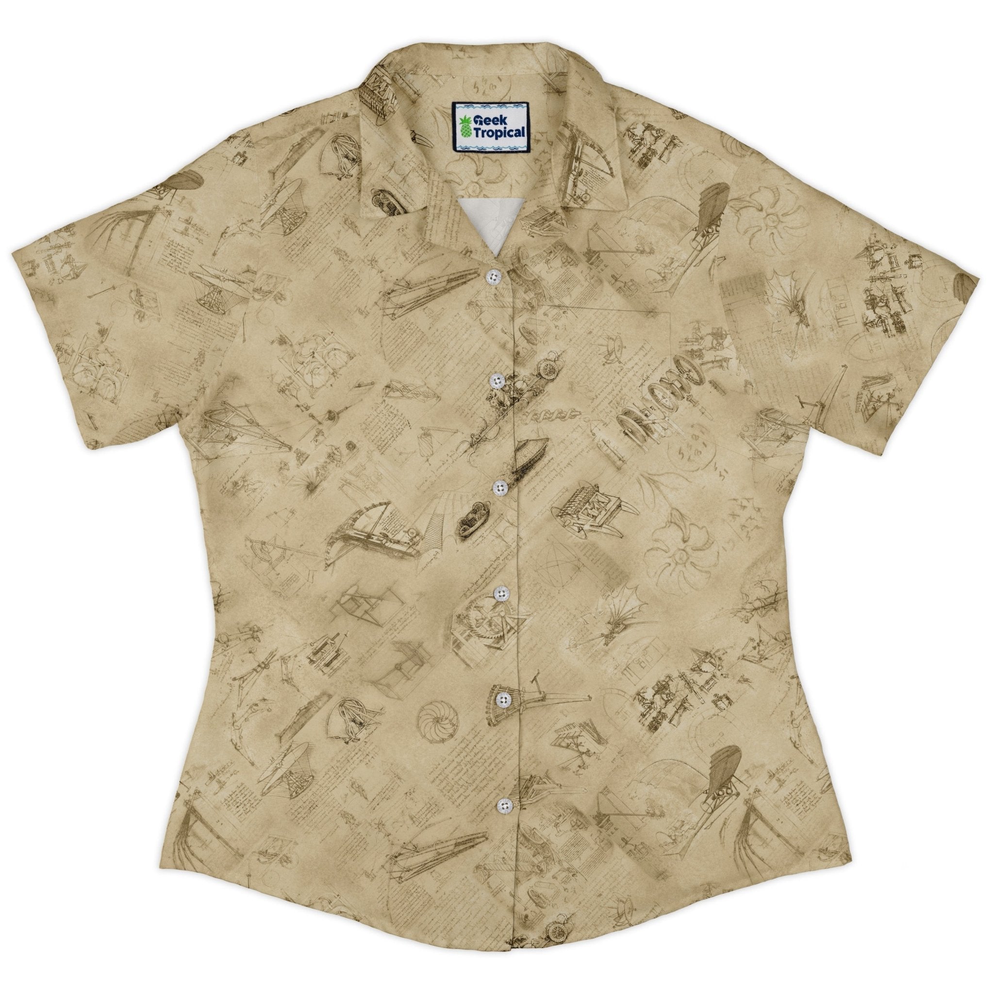 Da Vinci Mechanical Marvels Curvy Button Up Shirt Geek Nerd Designs by Nathan Q3 science print