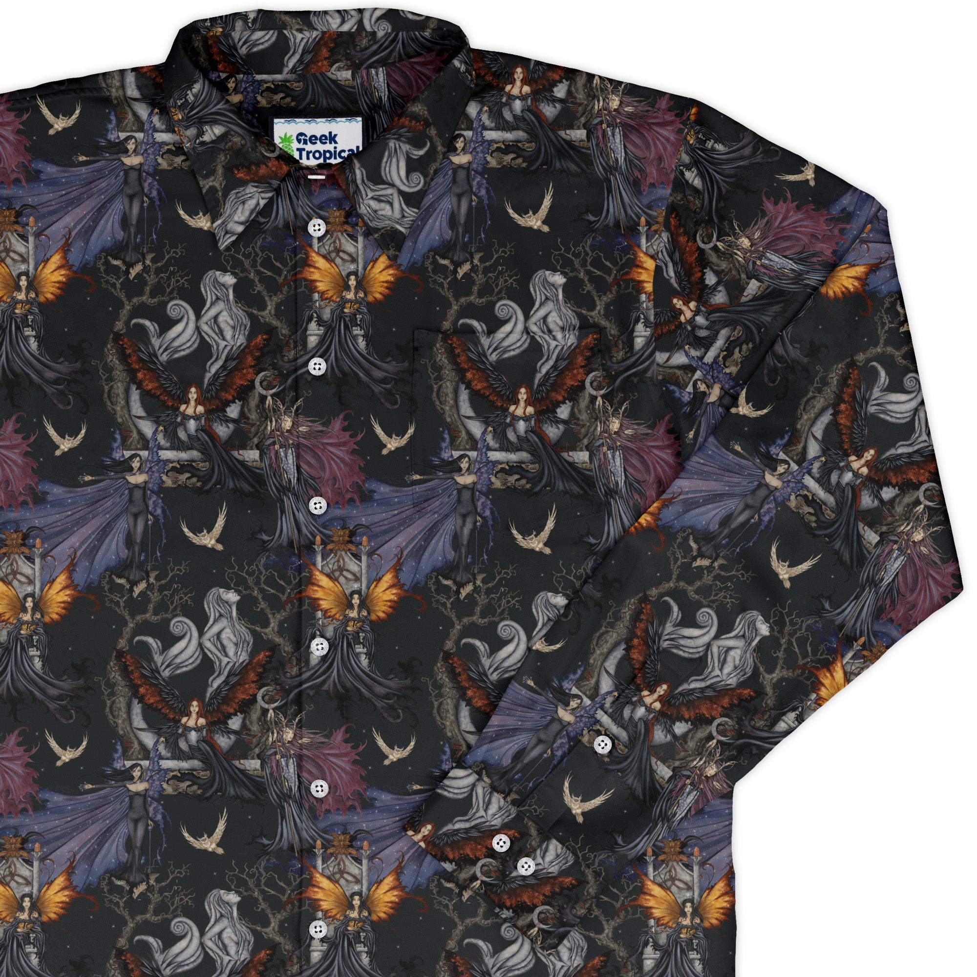 Dark Elves Gathering Long Sleeve Button Up Shirt Geek Nerd adult sizing Design by Amy Brown Fantasy Prints