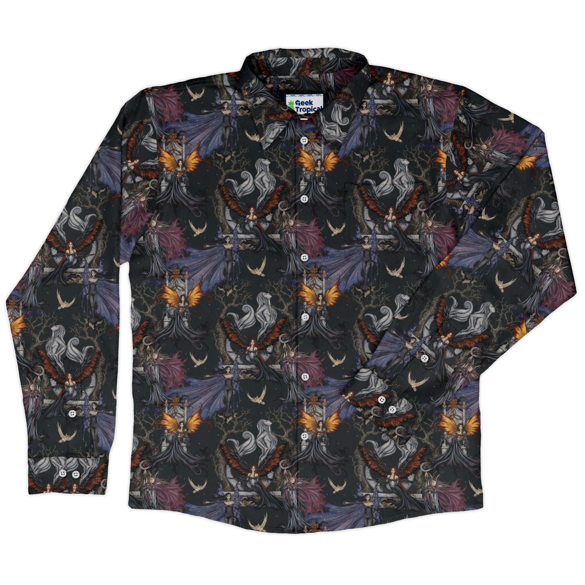 Dark Elves Gathering Long Sleeve Button Up Shirt Geek Nerd adult sizing Design by Amy Brown Fantasy Prints