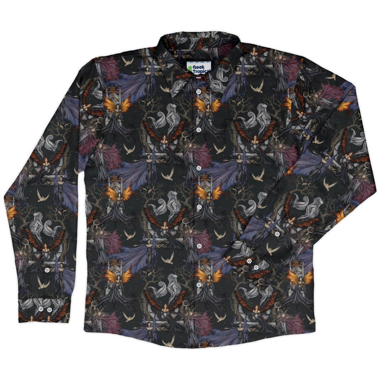 Dark Elves Gathering Long Sleeve Button Up Shirt Geek Nerd adult sizing Design by Amy Brown Fantasy Prints
