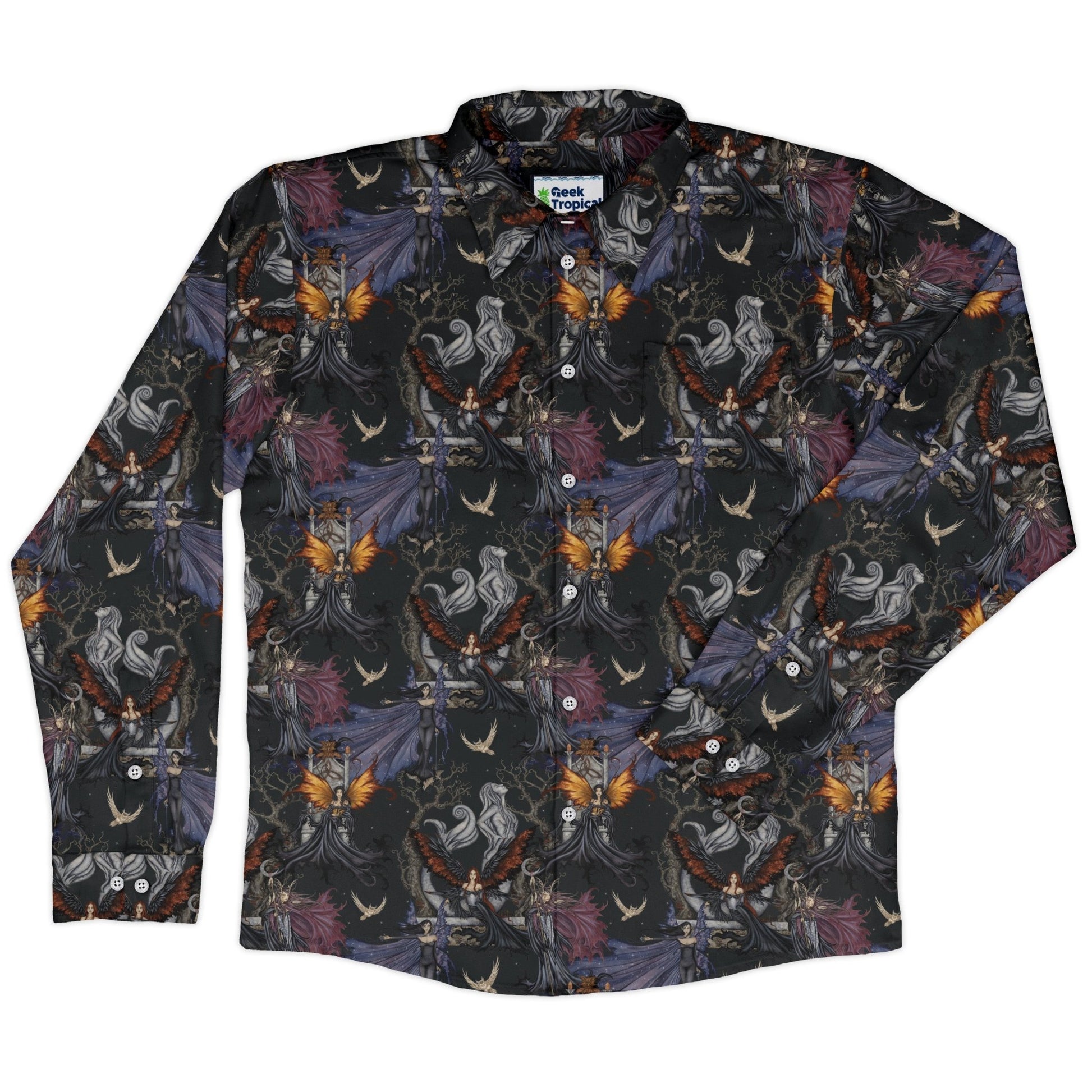Dark Elves Gathering Long Sleeve Button Up Shirt Geek Nerd adult sizing Design by Amy Brown Fantasy Prints