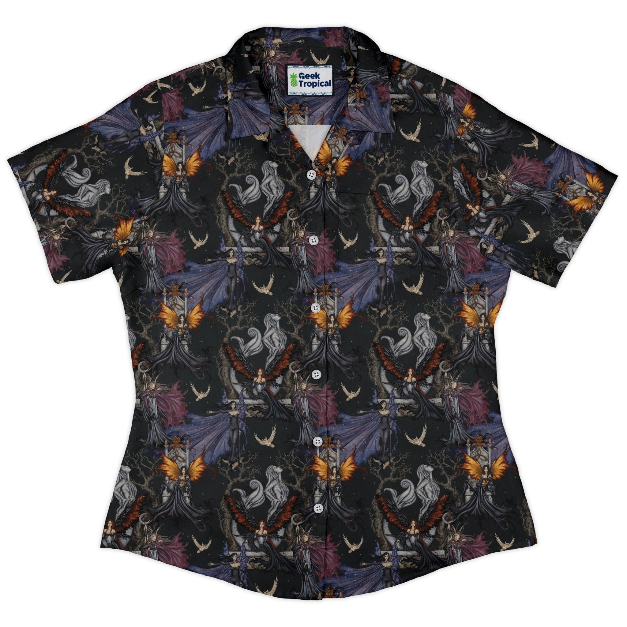 Dark Elves Gathering Curvy Button Up Shirt Geek Nerd Design by Amy Brown Fantasy Prints halloween