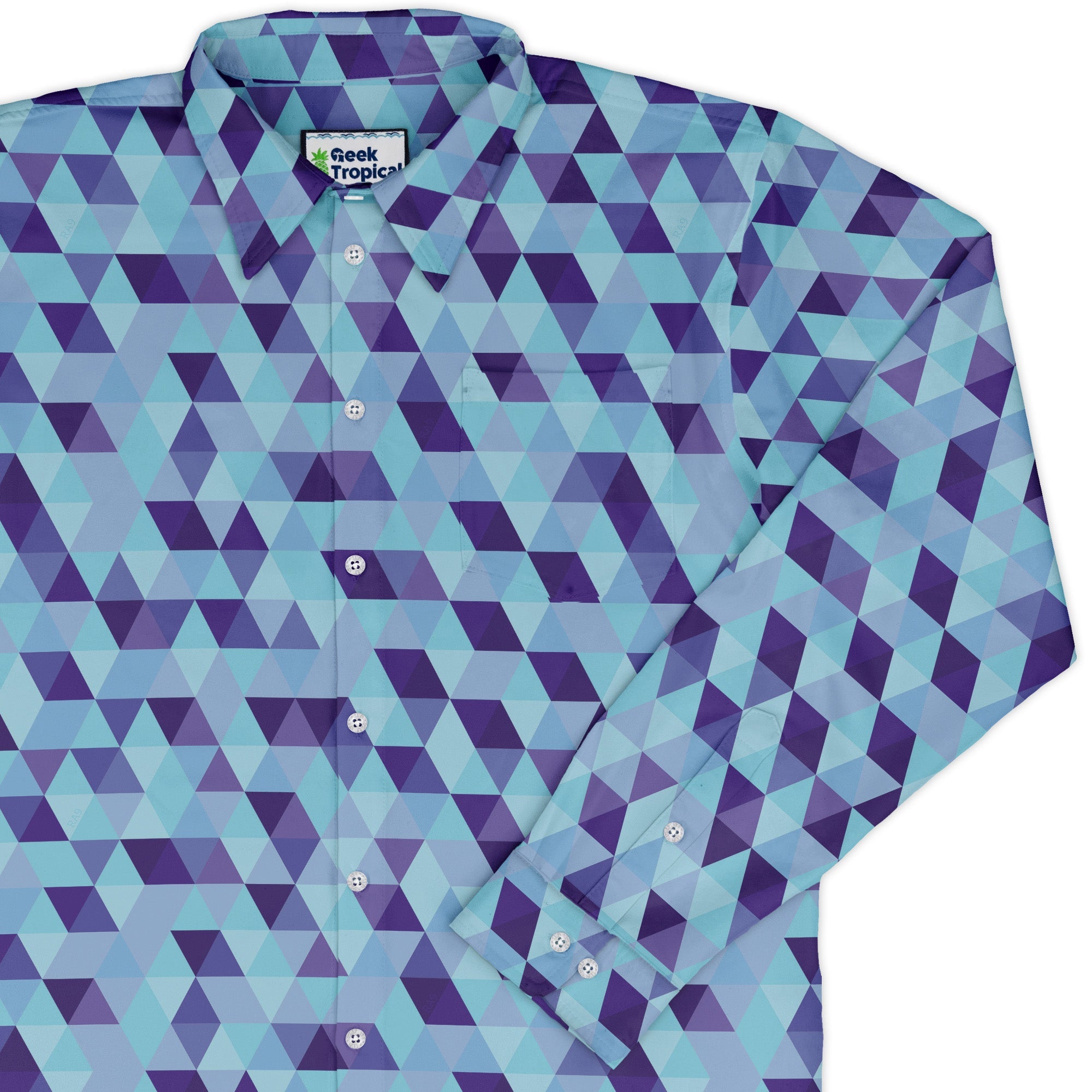 Deviant Polygons Long Sleeve Button Up Shirt Geek Nerd adult sizing Design by Claire Murphy FLOW DESC WRITING