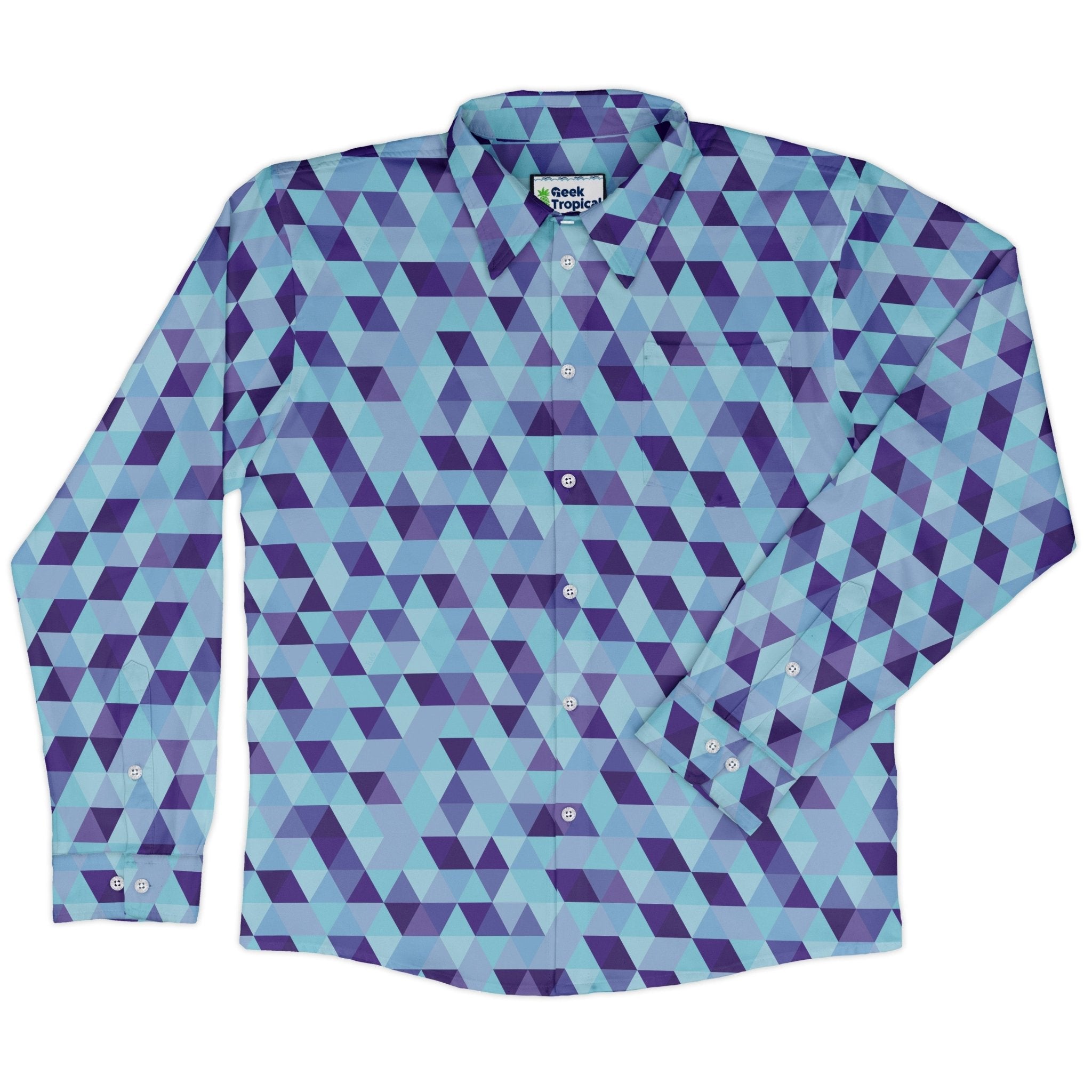 Deviant Polygons Long Sleeve Button Up Shirt Geek Nerd adult sizing Design by Claire Murphy FLOW DESC WRITING