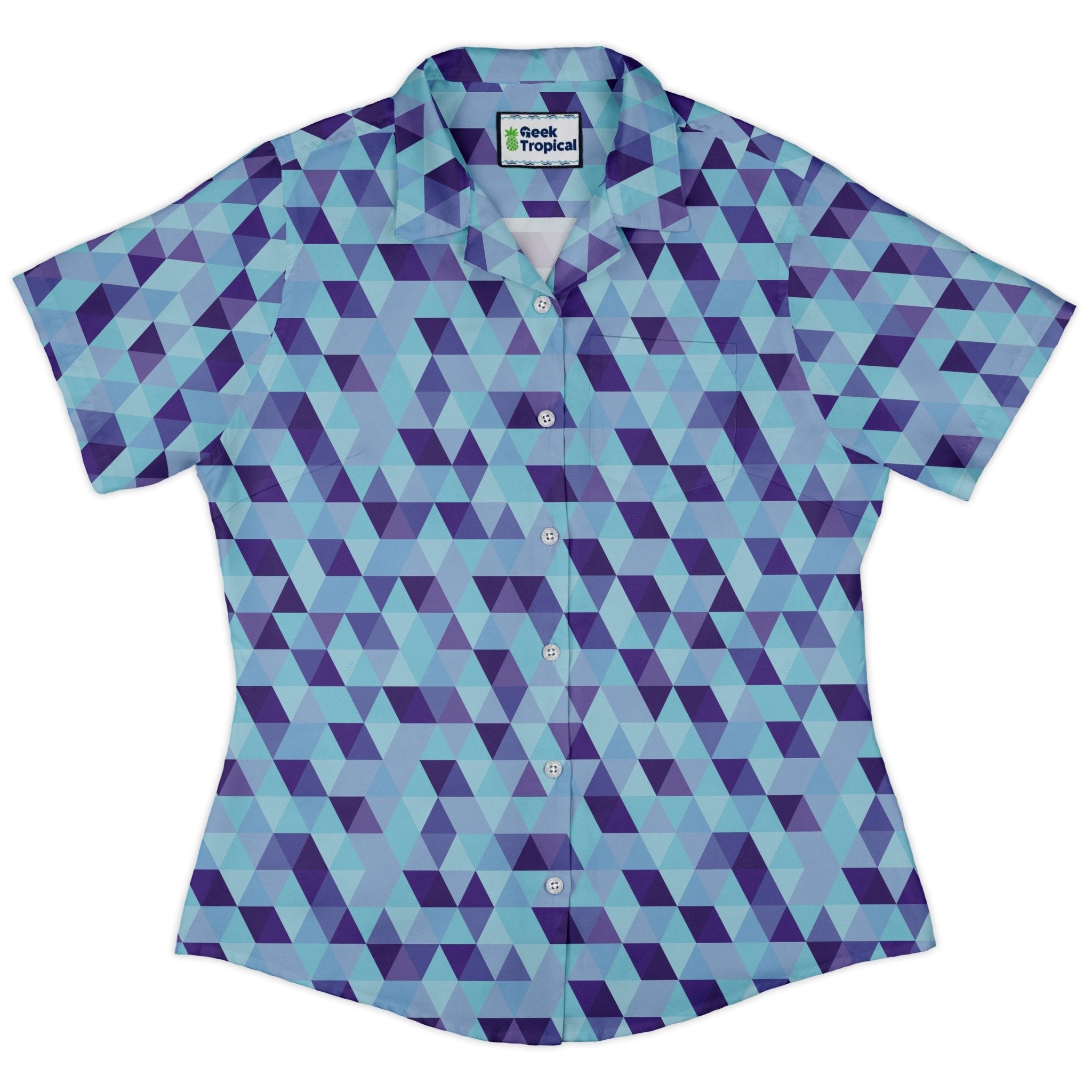 Deviant Polygons Curvy Button Up Shirt Geek Nerd Design by Claire Murphy video game arcade print women