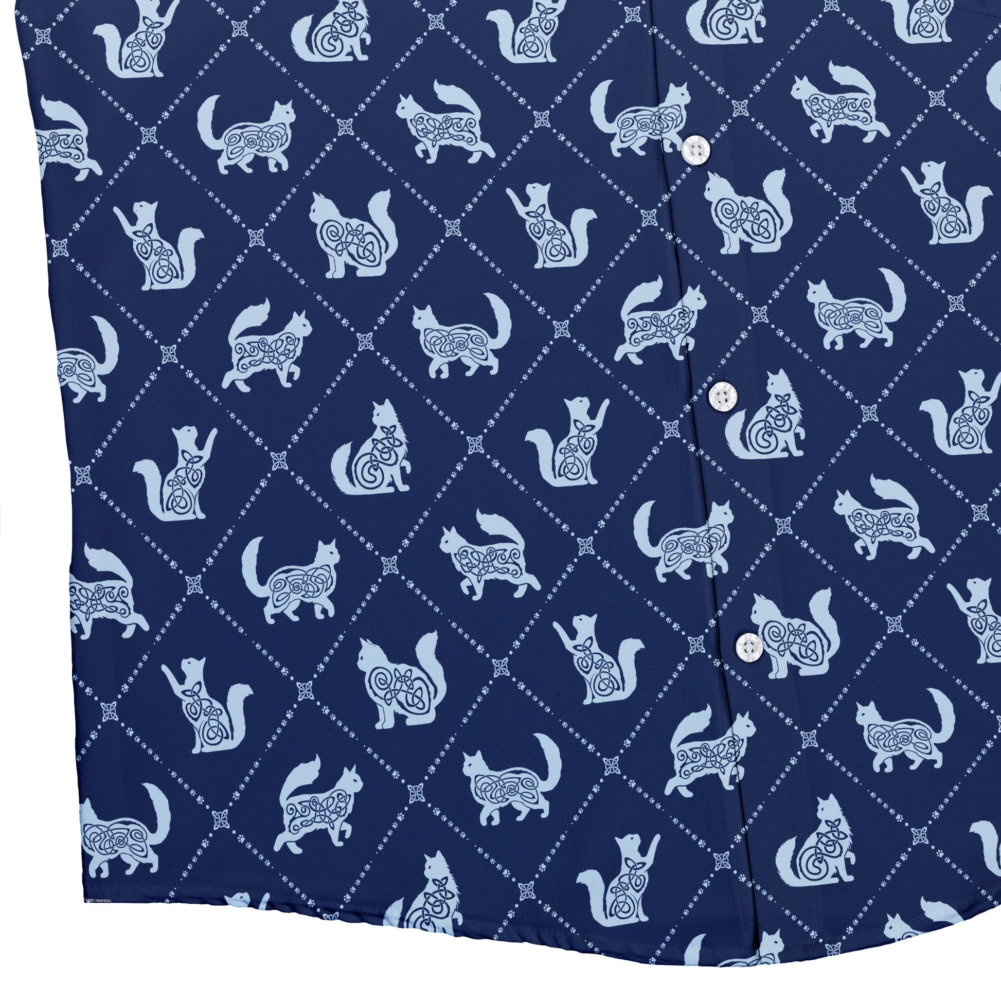 Diamond Lattice Cats Blue Button Up Shirt Bottom Corner