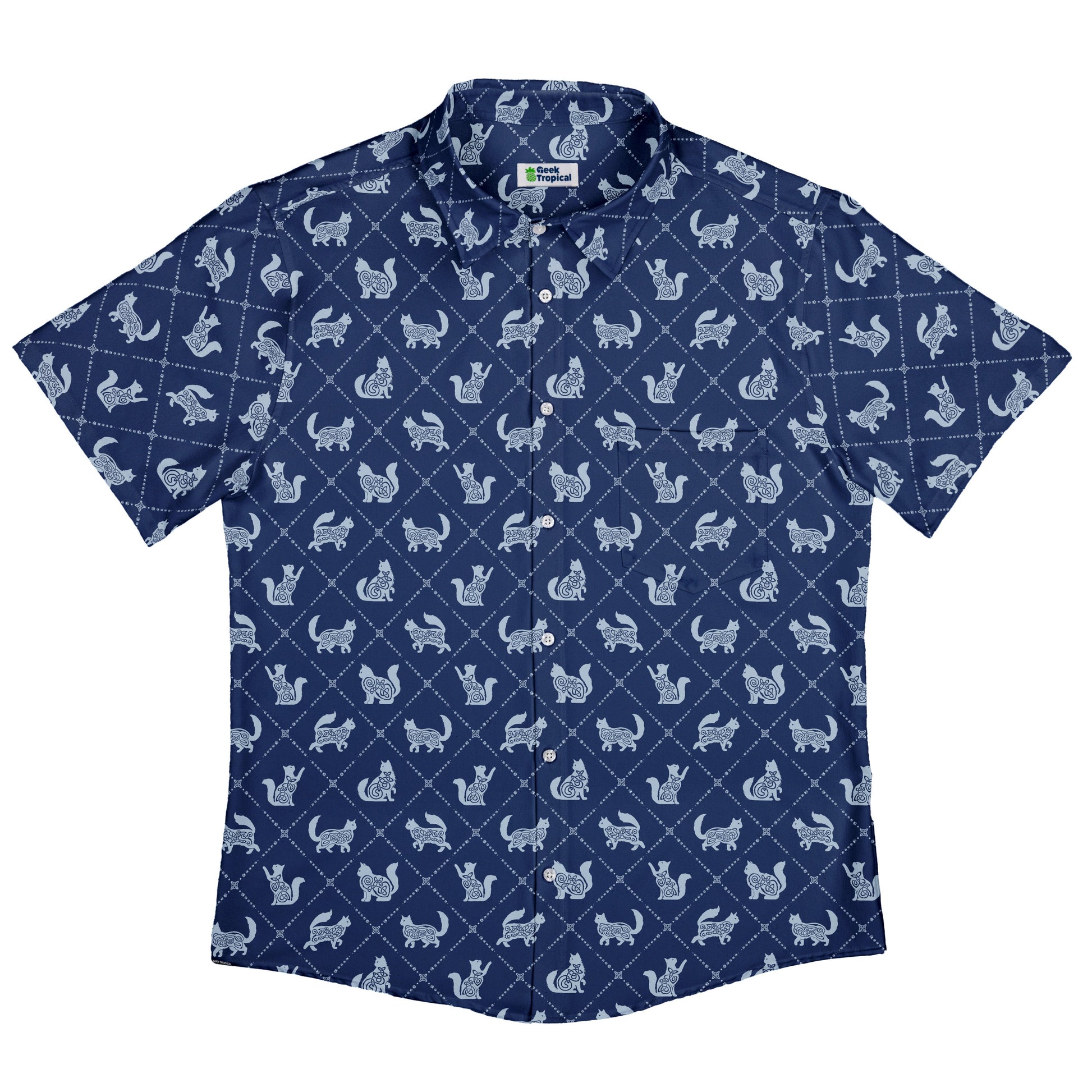 Diamond Lattice Cats Blue Button Up Shirt Flat Front