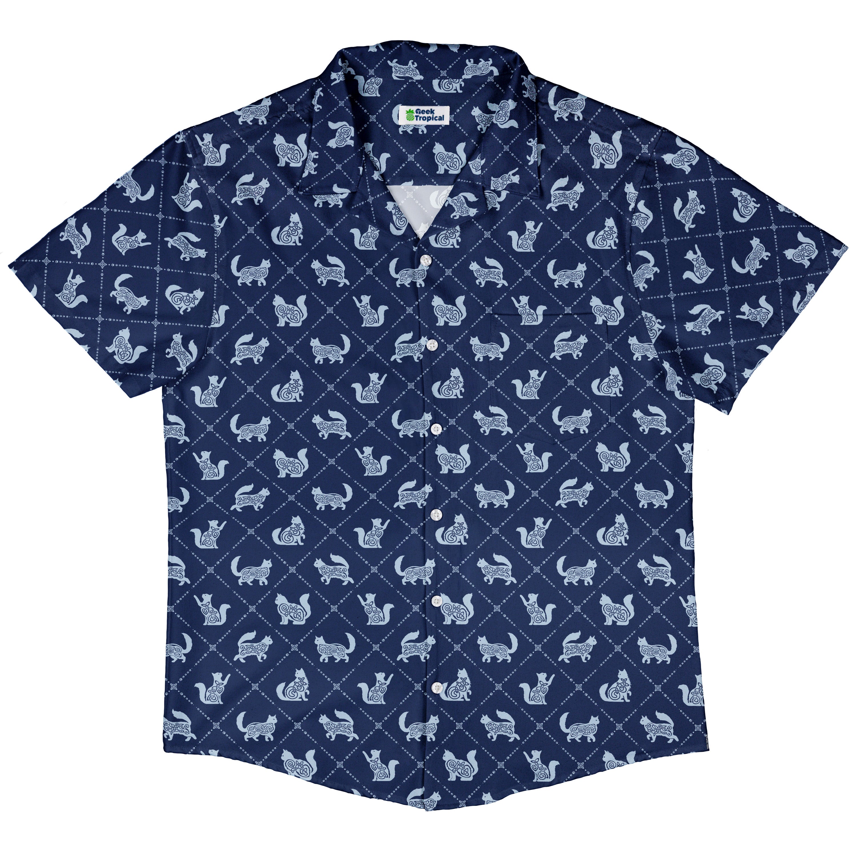 Diamond Lattice Cats Blue Button Up Shirt Hawaiian Front