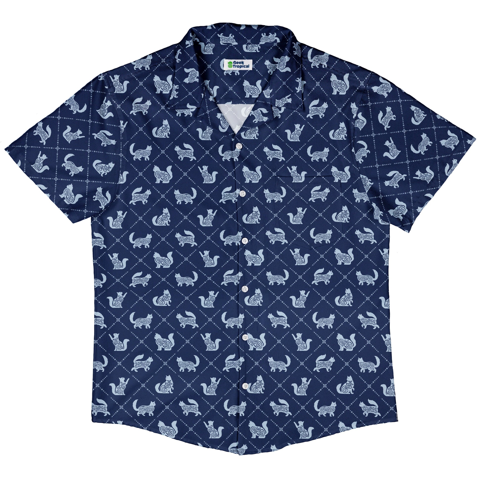 Diamond Lattice Cats Blue Button Up Shirt Hawaiian Front