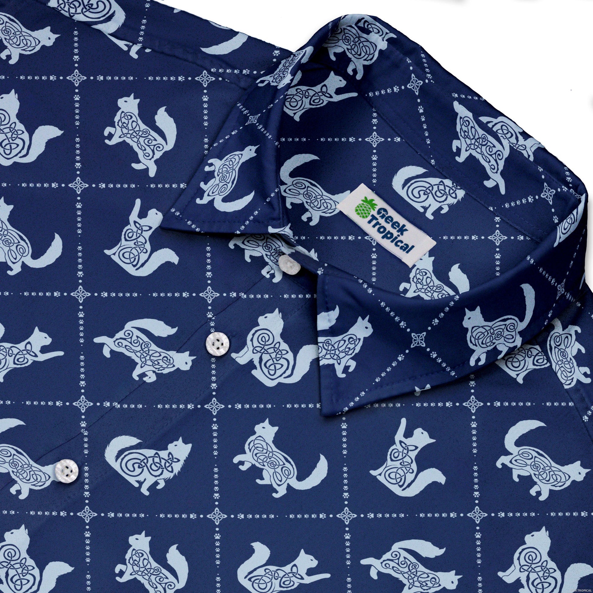 Diamond Lattice Cats Blue Button Up Shirt Neck