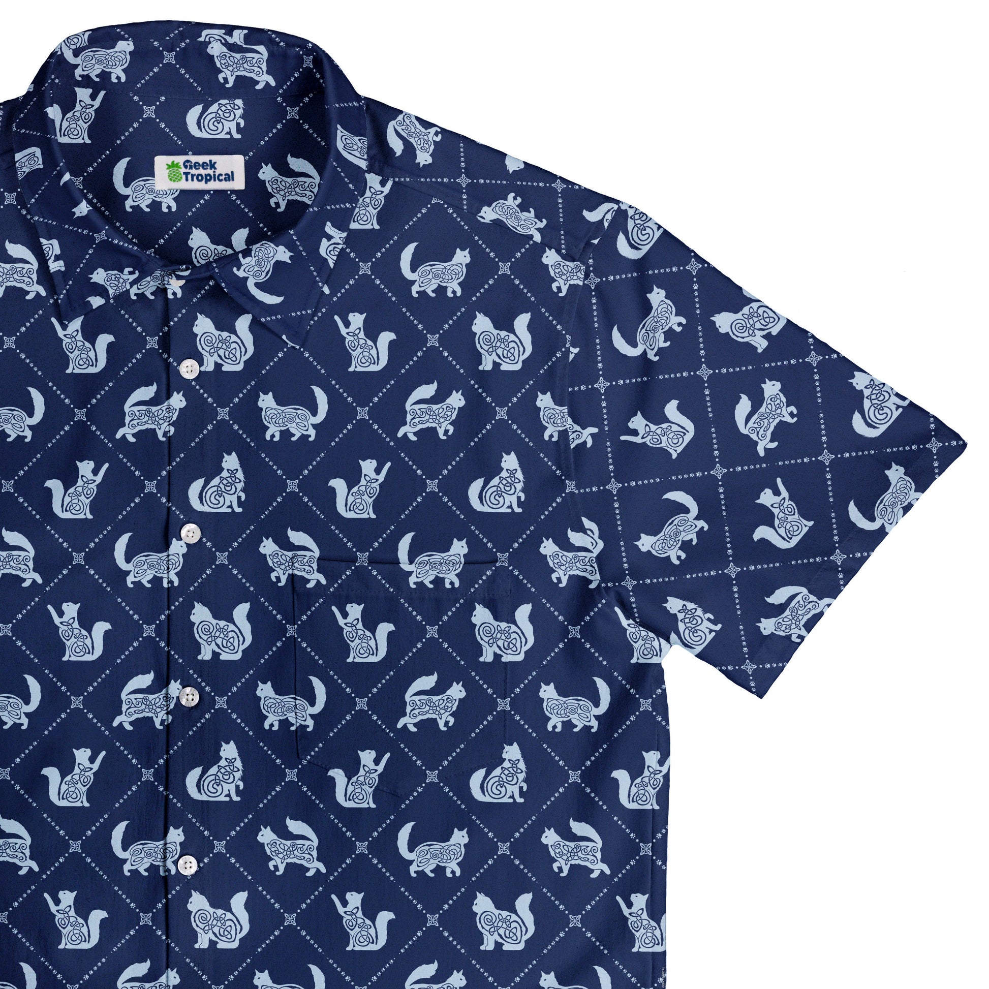 Diamond Lattice Cats Blue Button Up Shirt Top Corner