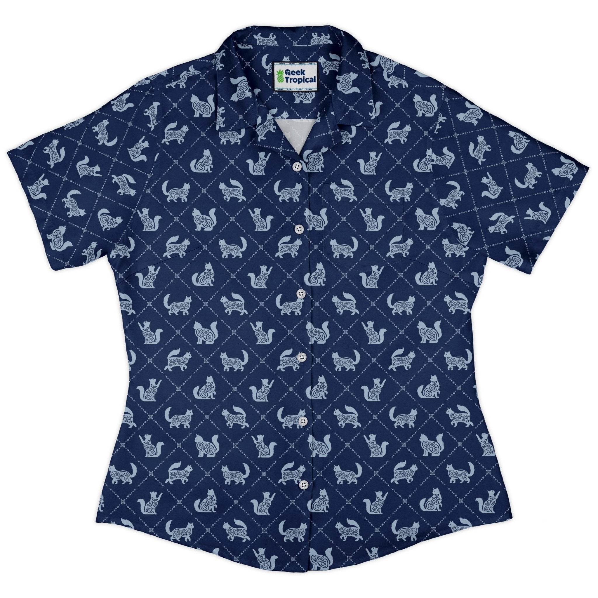 Diamond Lattice Cats Blue Curvy Button Up Shirt 2