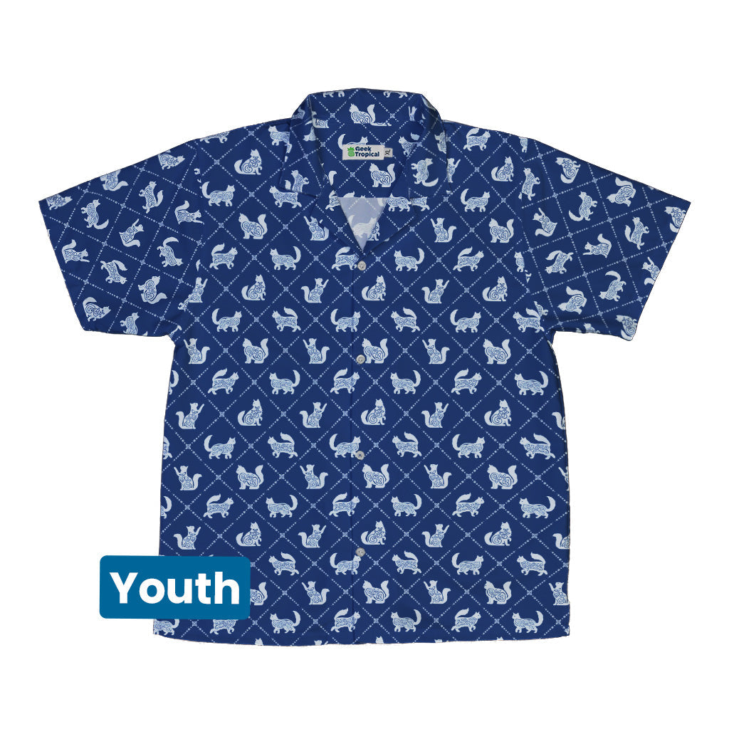 Diamond Lattice Cats Blue Youth Hawaiian Shirt Front