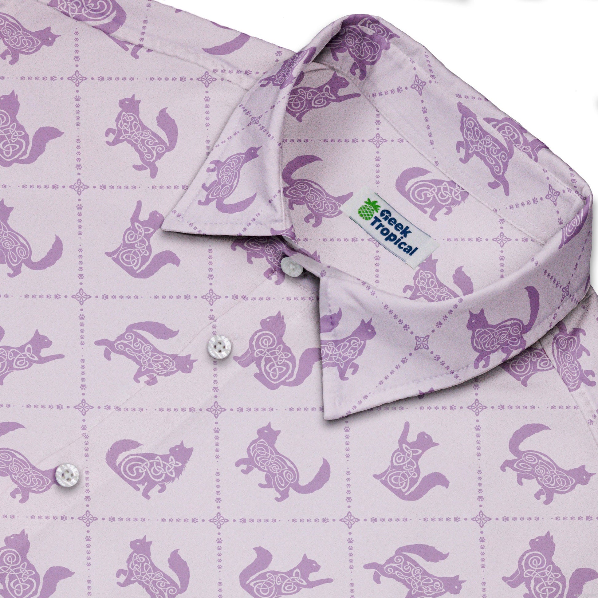 Diamond Lattice Cats Lilac Button Up Shirt Neck