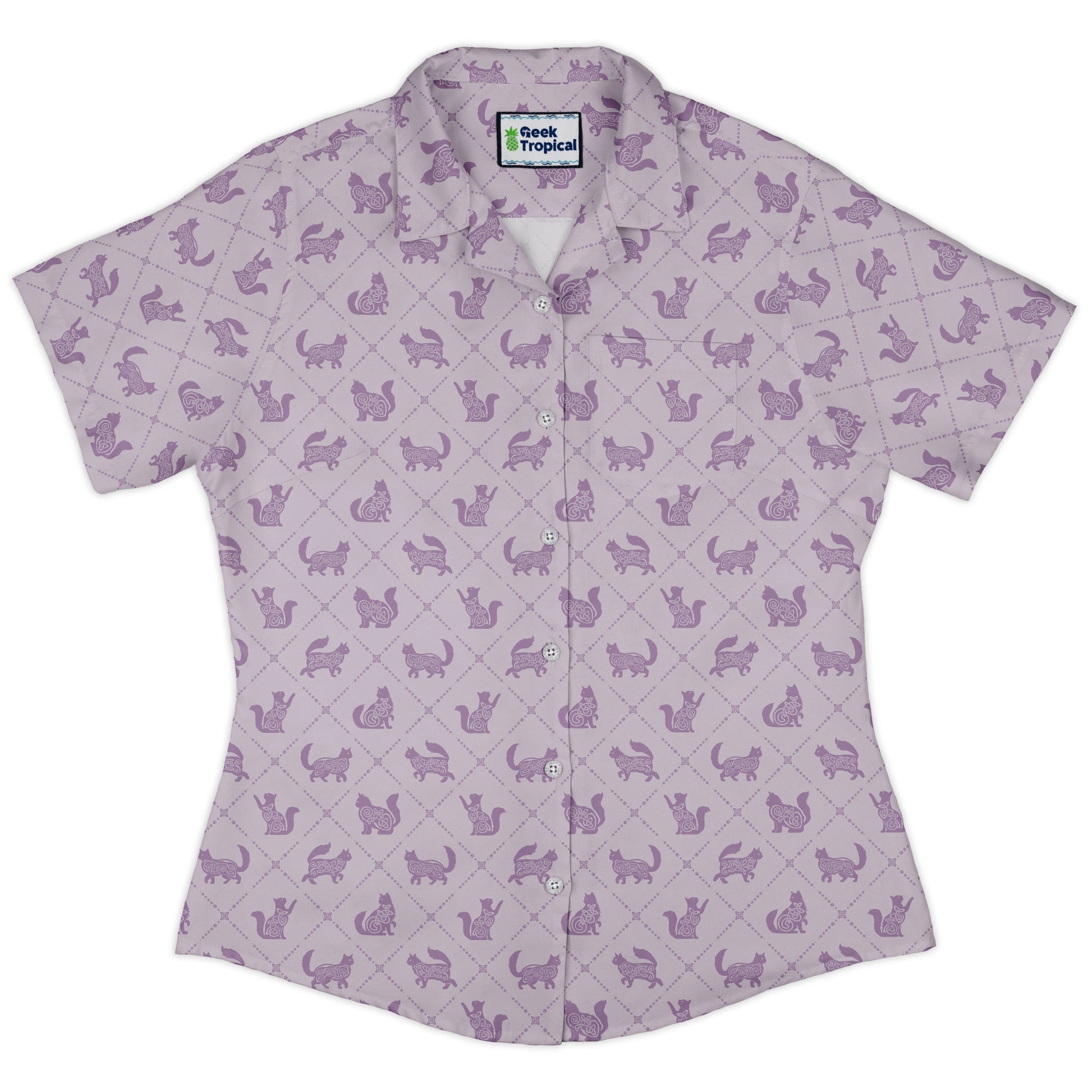 Diamond Lattice Cats Lilac Curvy Button Up Shirt womens front
