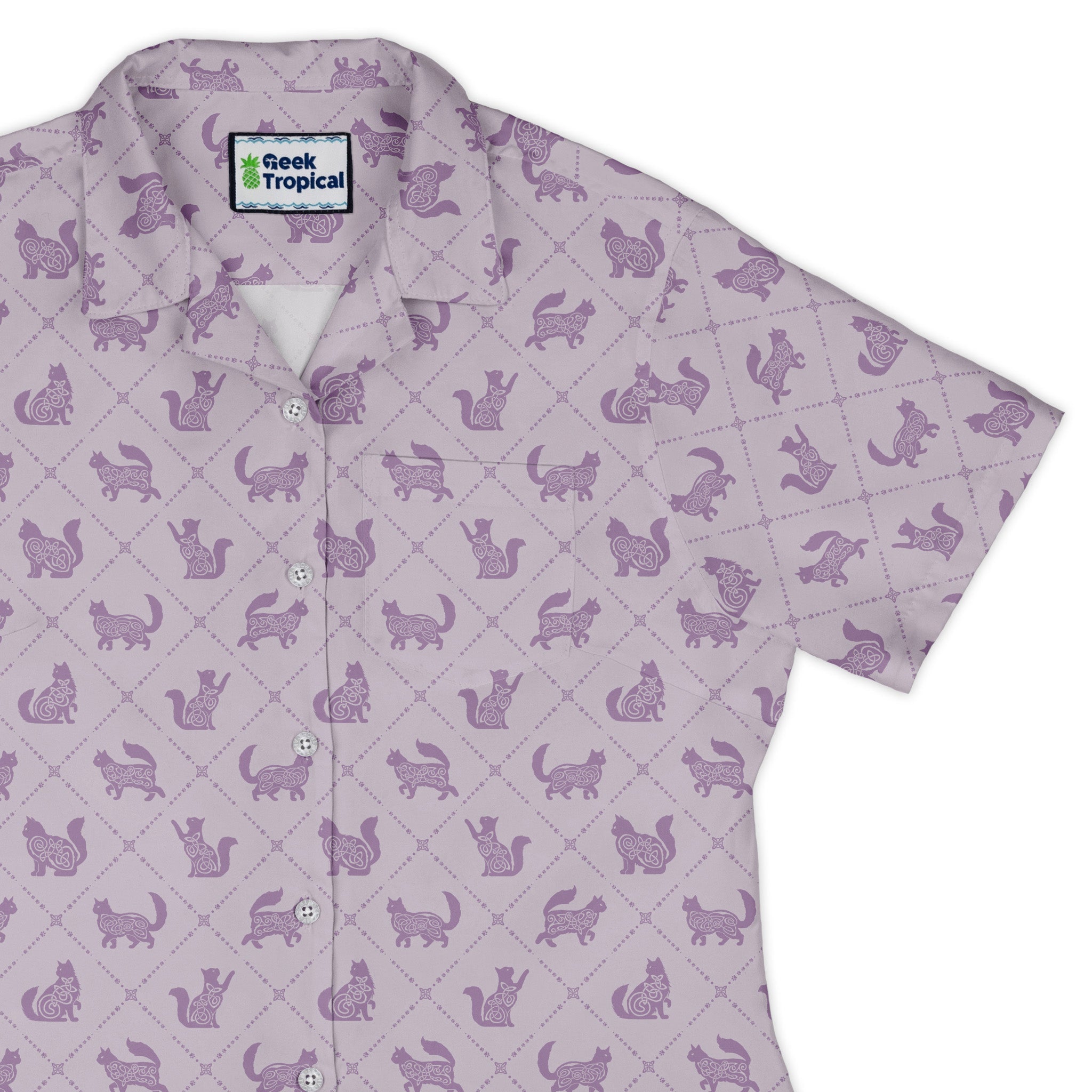 Diamond Lattice Cats Lilac Curvy Button Up Shirt womens top right