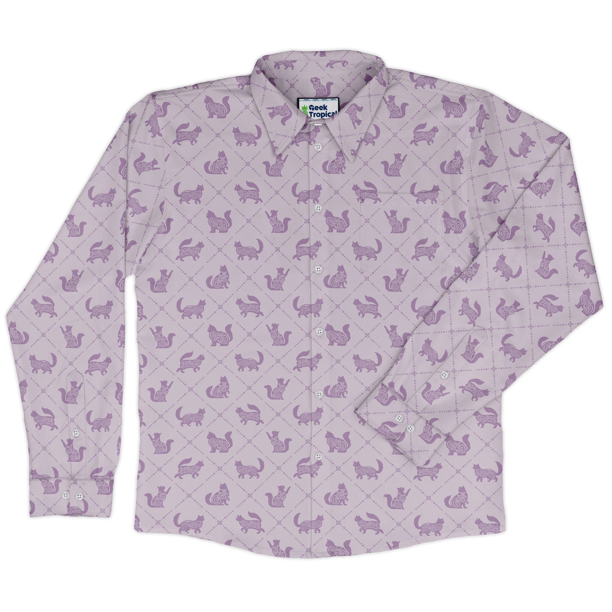Diamond Lattice Cats Lilac Long Sleeve Button Up Shirt front