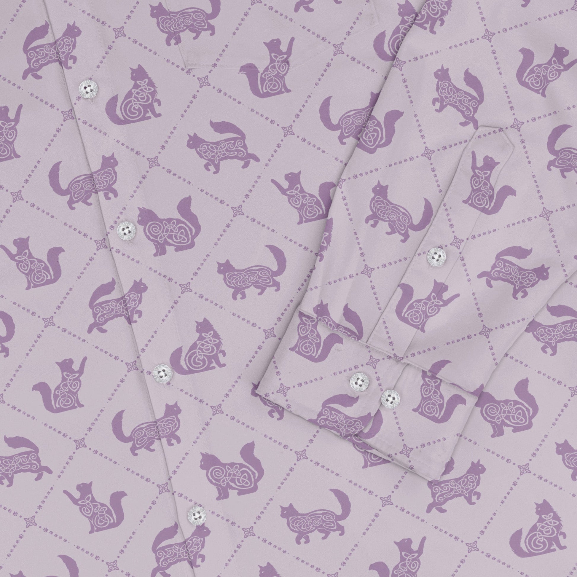 Diamond Lattice Cats Lilac Long Sleeve Button Up Shirt sleeve close