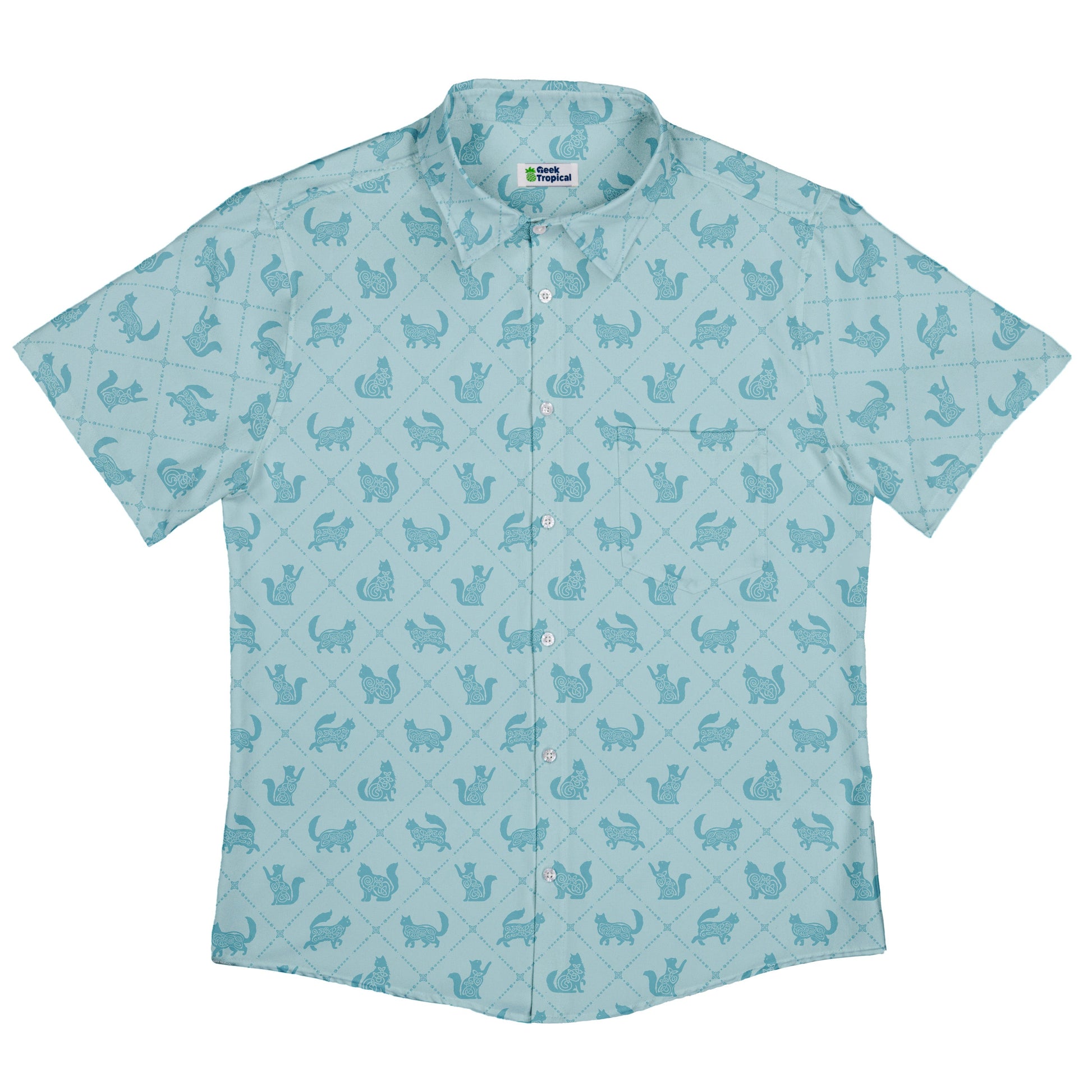 Diamond Lattice Cats Teal Button Up Shirt Flat Front