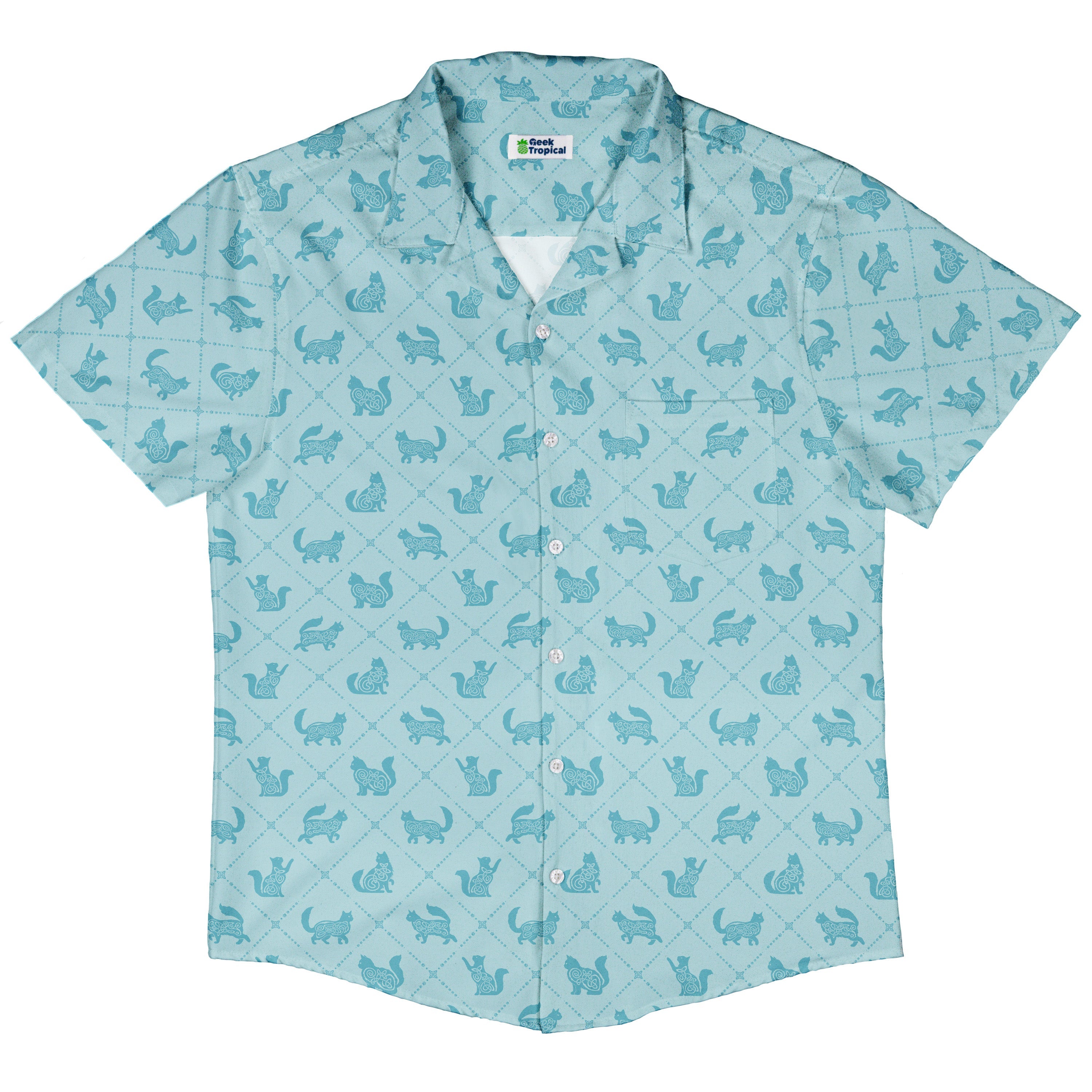 Diamond Lattice Cats Teal Button Up Shirt Hawaiian Front