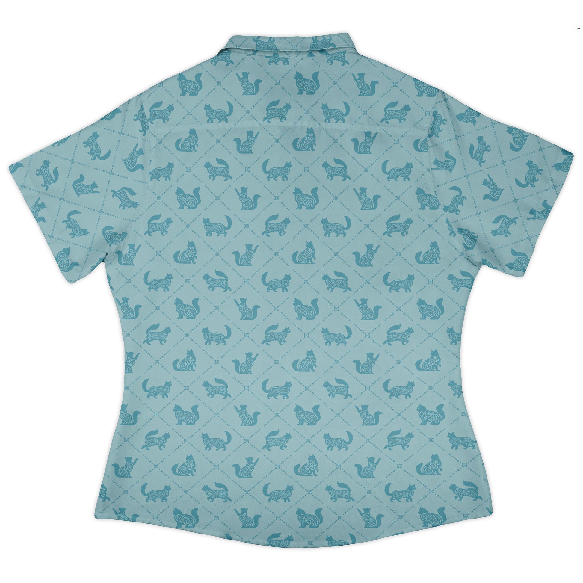 Diamond Lattice Cats Teal Curvy Button Up Shirt womens back