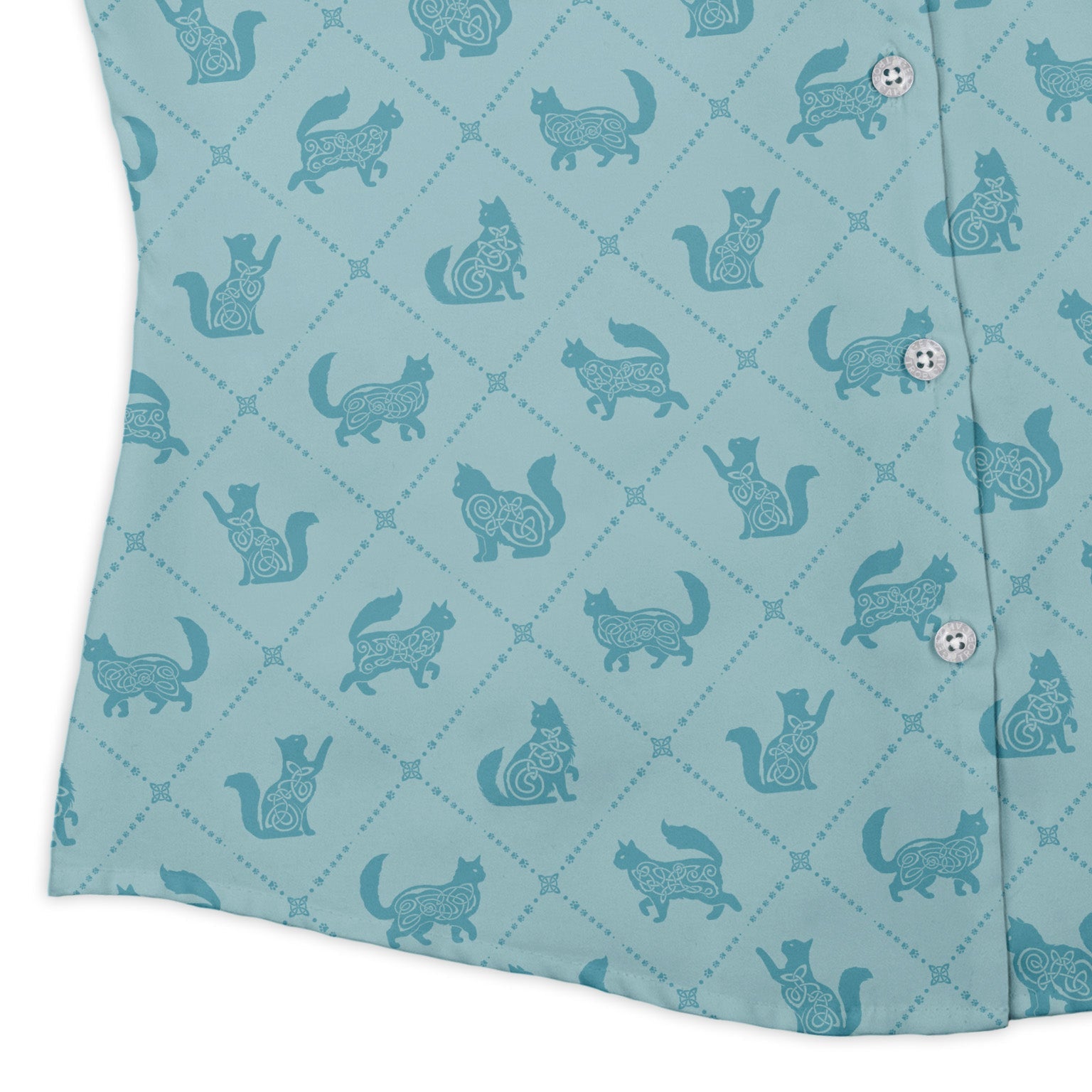 Diamond Lattice Cats Teal Curvy Button Up Shirt womens corner