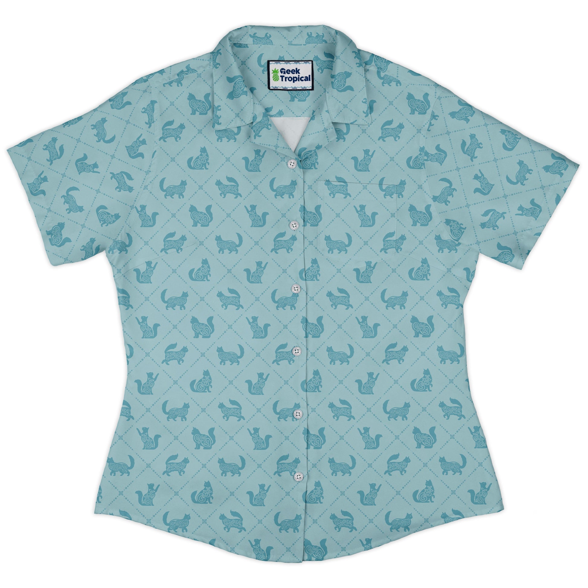 Diamond Lattice Cats Teal Curvy Button Up Shirt womens front