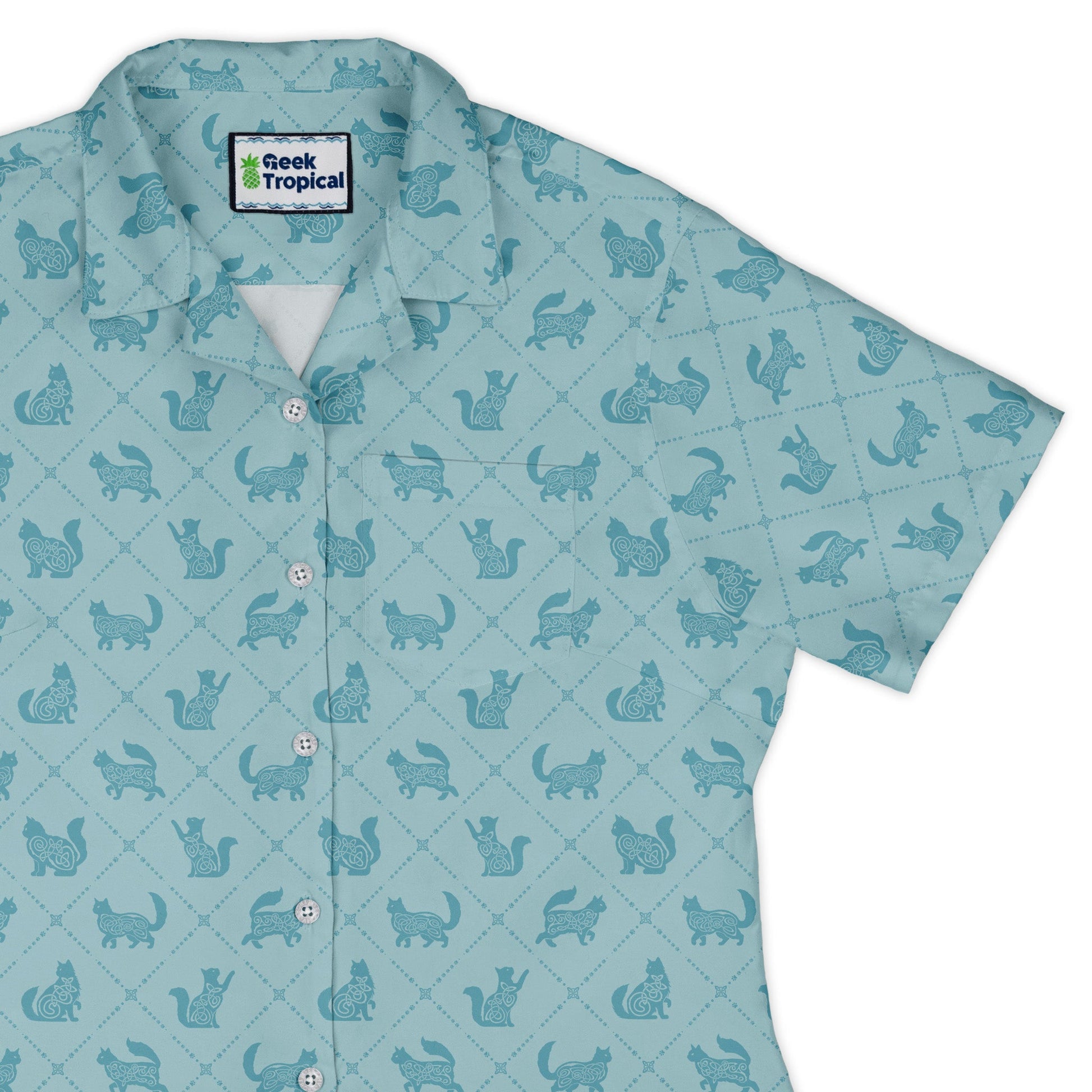 Diamond Lattice Cats Teal Curvy Button Up Shirt womens top right