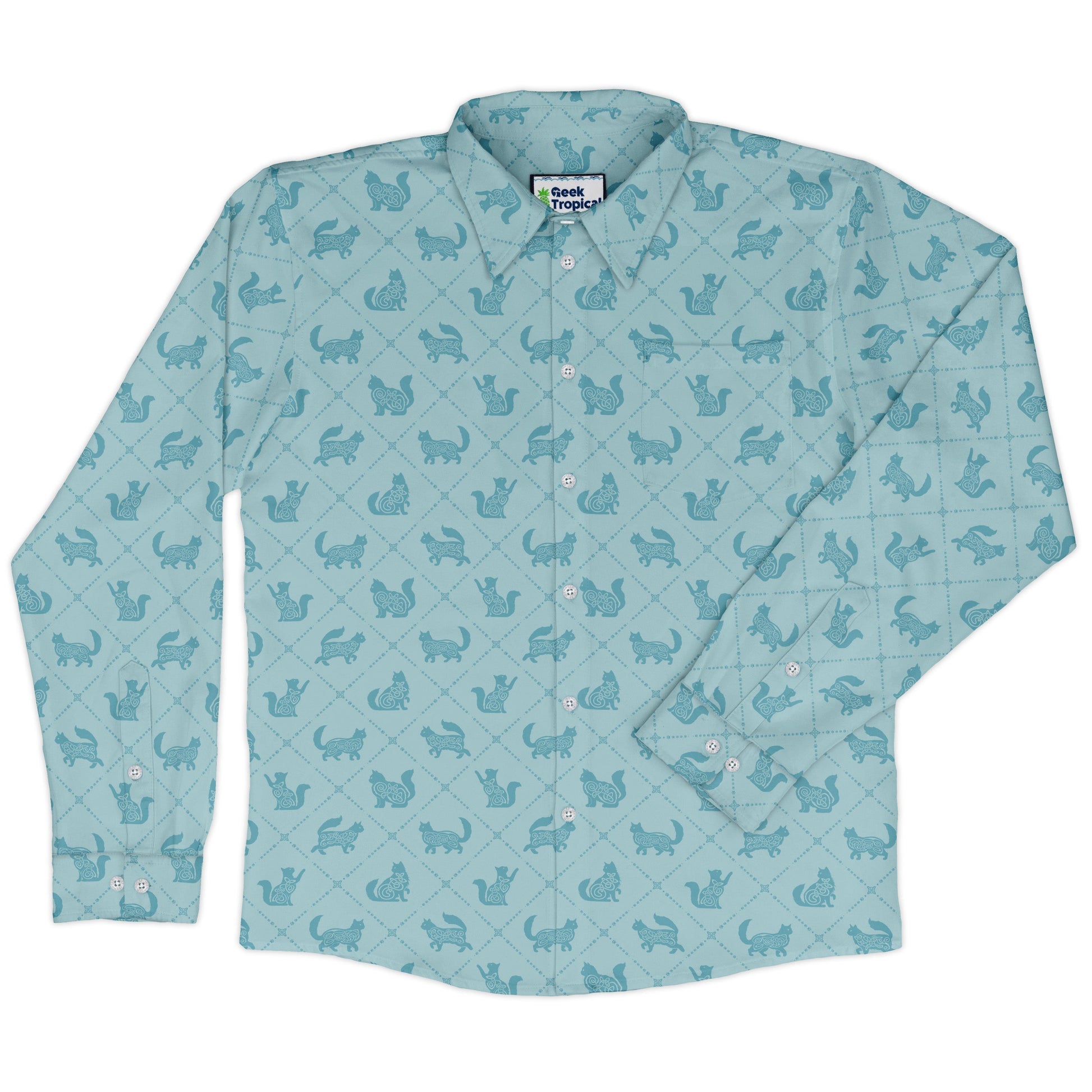 Diamond Lattice Cats Teal Long Sleeve Button Up Shirt front