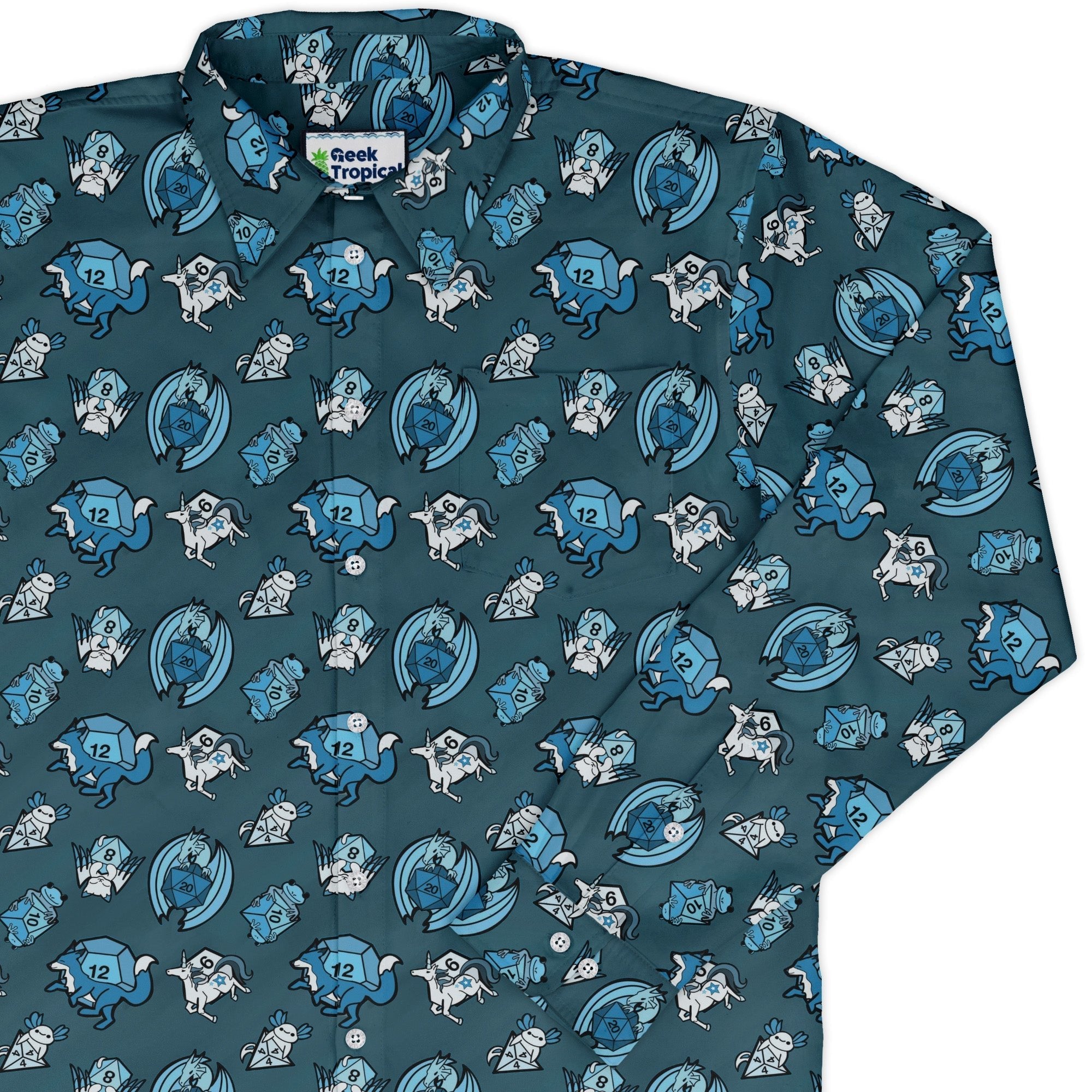 Dice Critters Blue Monochrome Long Sleeve Button Up Shirt Geek Nerd adult sizing Animal Patterns Designed by Rose Khan