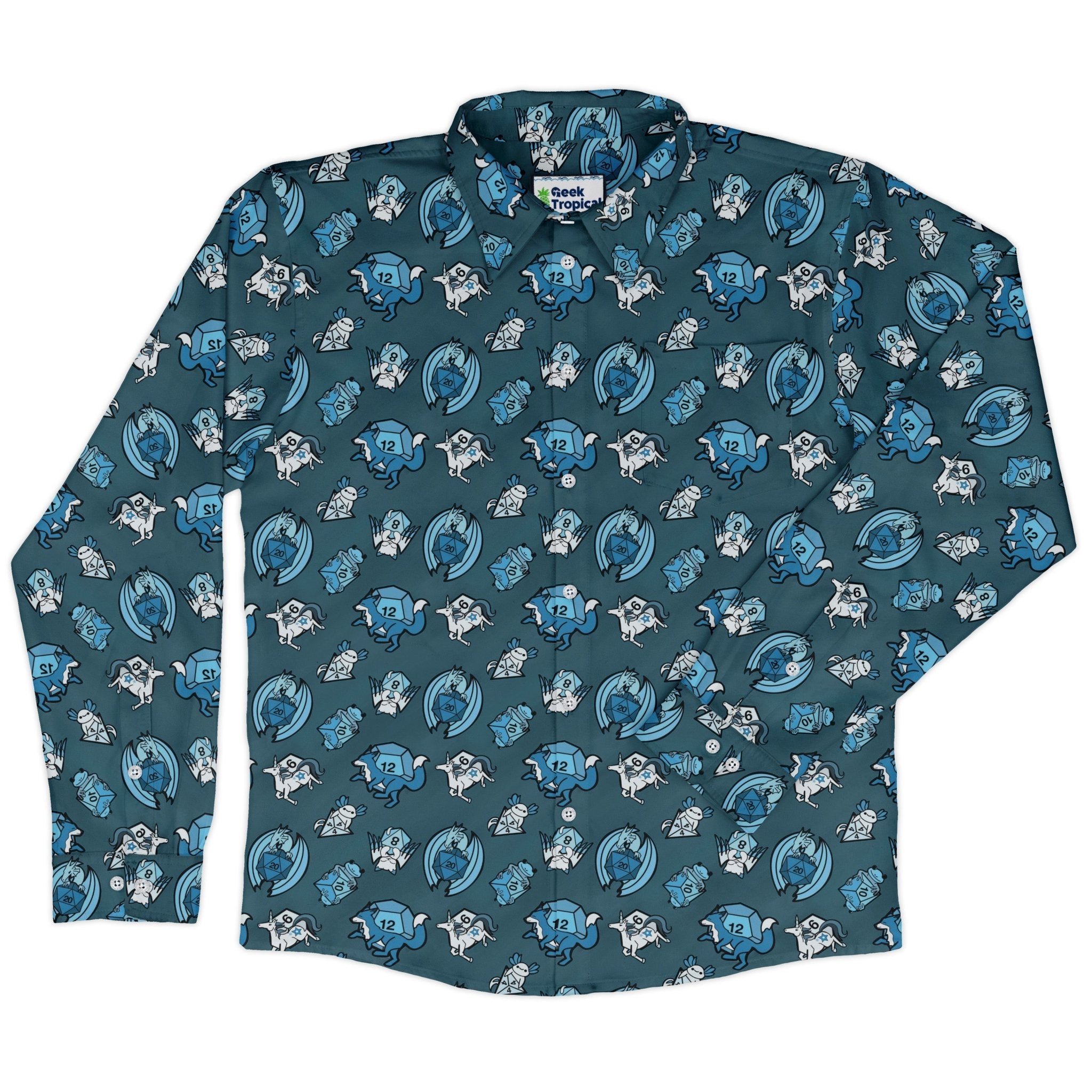 Dice Critters Blue Monochrome Long Sleeve Button Up Shirt Geek Nerd adult sizing Animal Patterns Designed by Rose Khan