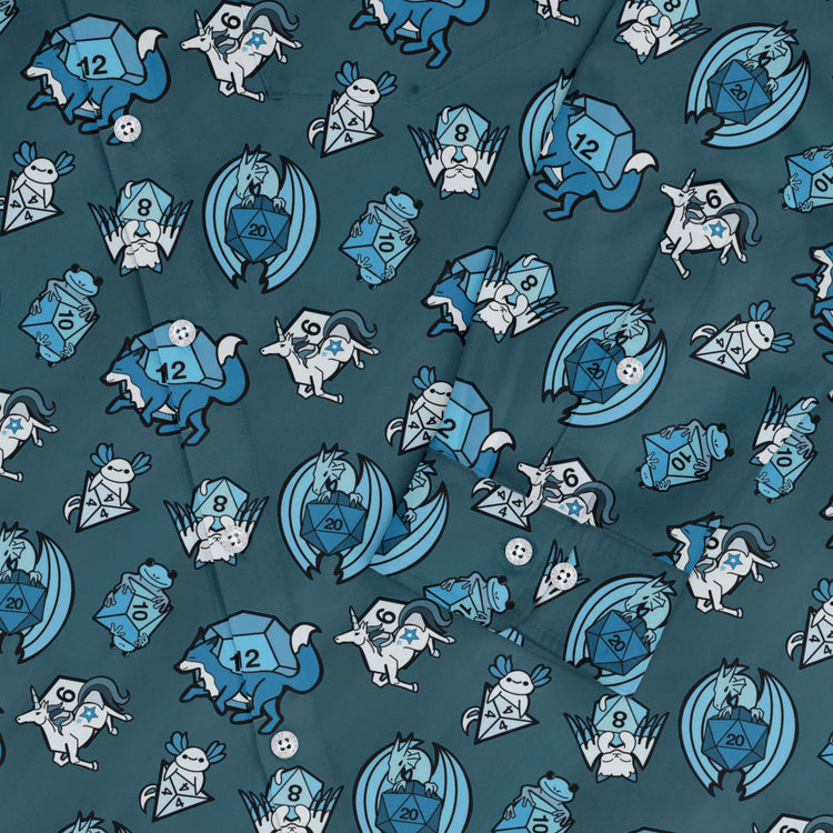 Dice Critters Blue Monochrome Long Sleeve Button Up Shirt Geek Nerd adult sizing Animal Patterns Designed by Rose Khan