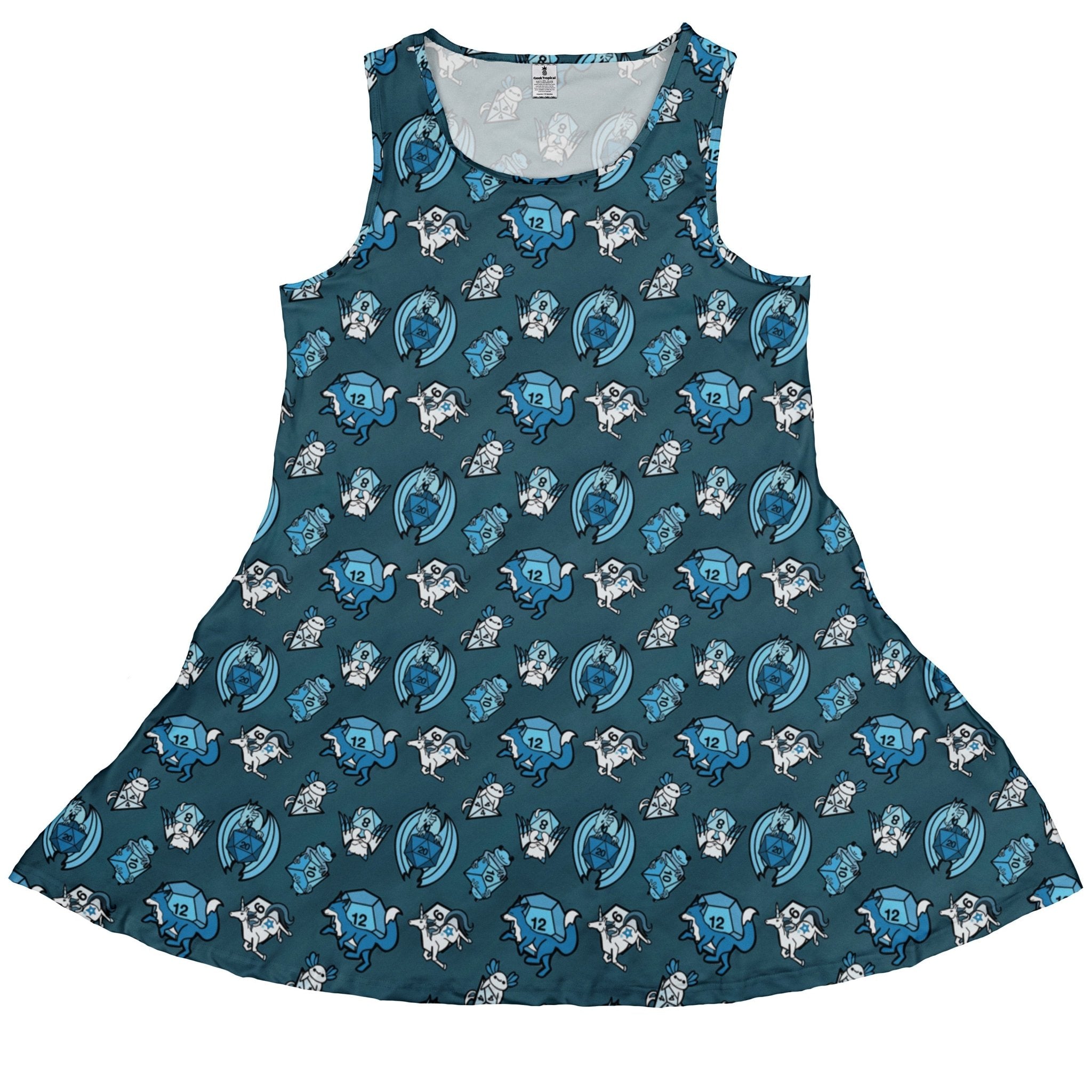 Dice Critters Blue Monochrome Dress Geek Nerd Animal Patterns Designed by Rose Khan dnd & rpg print