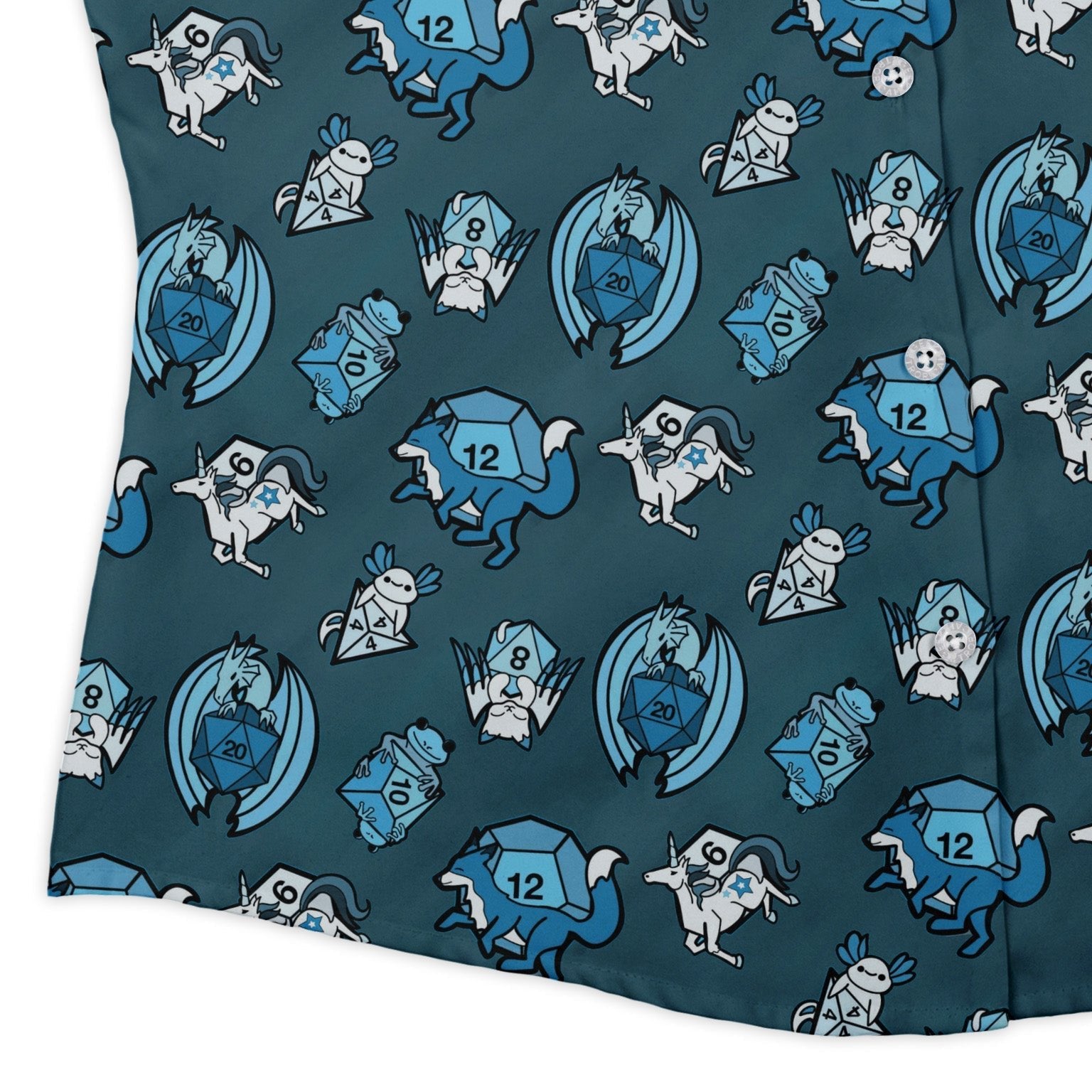 Dice Critters Blue Monochrome Curvy Button Up Shirt Geek Nerd Animal Patterns Designed by Rose Khan dnd & rpg print