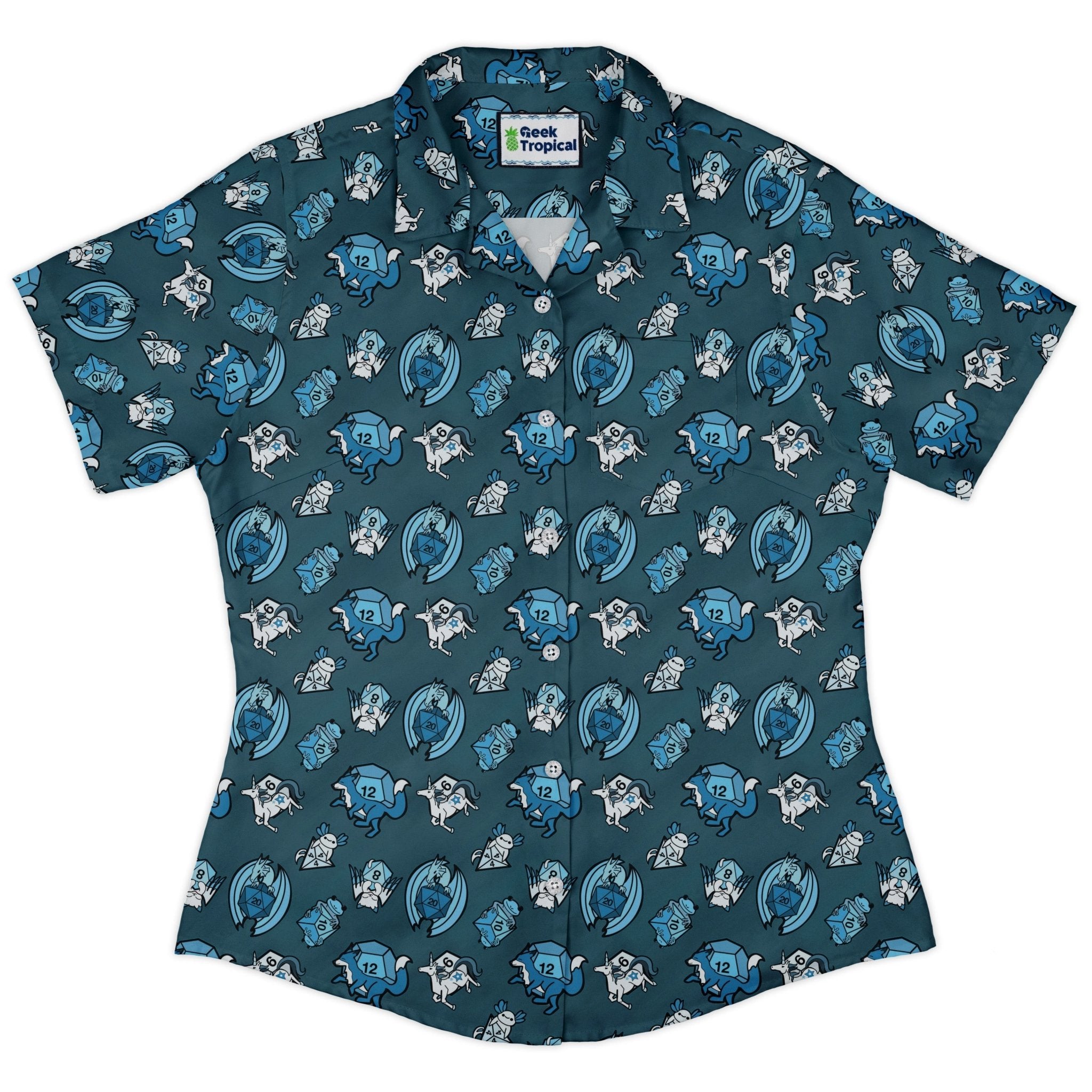 Dice Critters Blue Monochrome Curvy Button Up Shirt Geek Nerd Animal Patterns Designed by Rose Khan dnd & rpg print