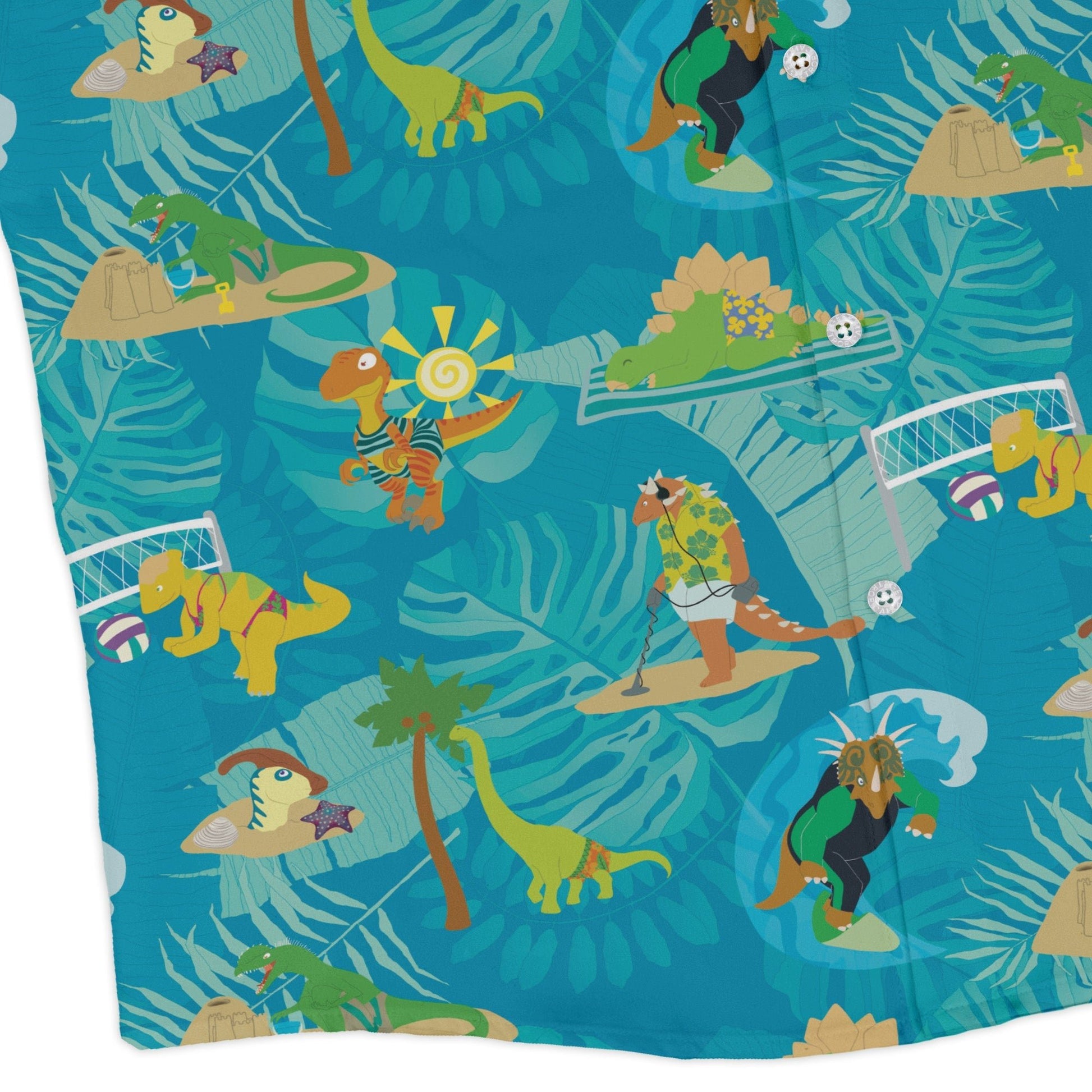 Dino Beach Party Long Sleeve Button Up Shirt Geek Nerd adult sizing Designs by Nathan dinosaur print