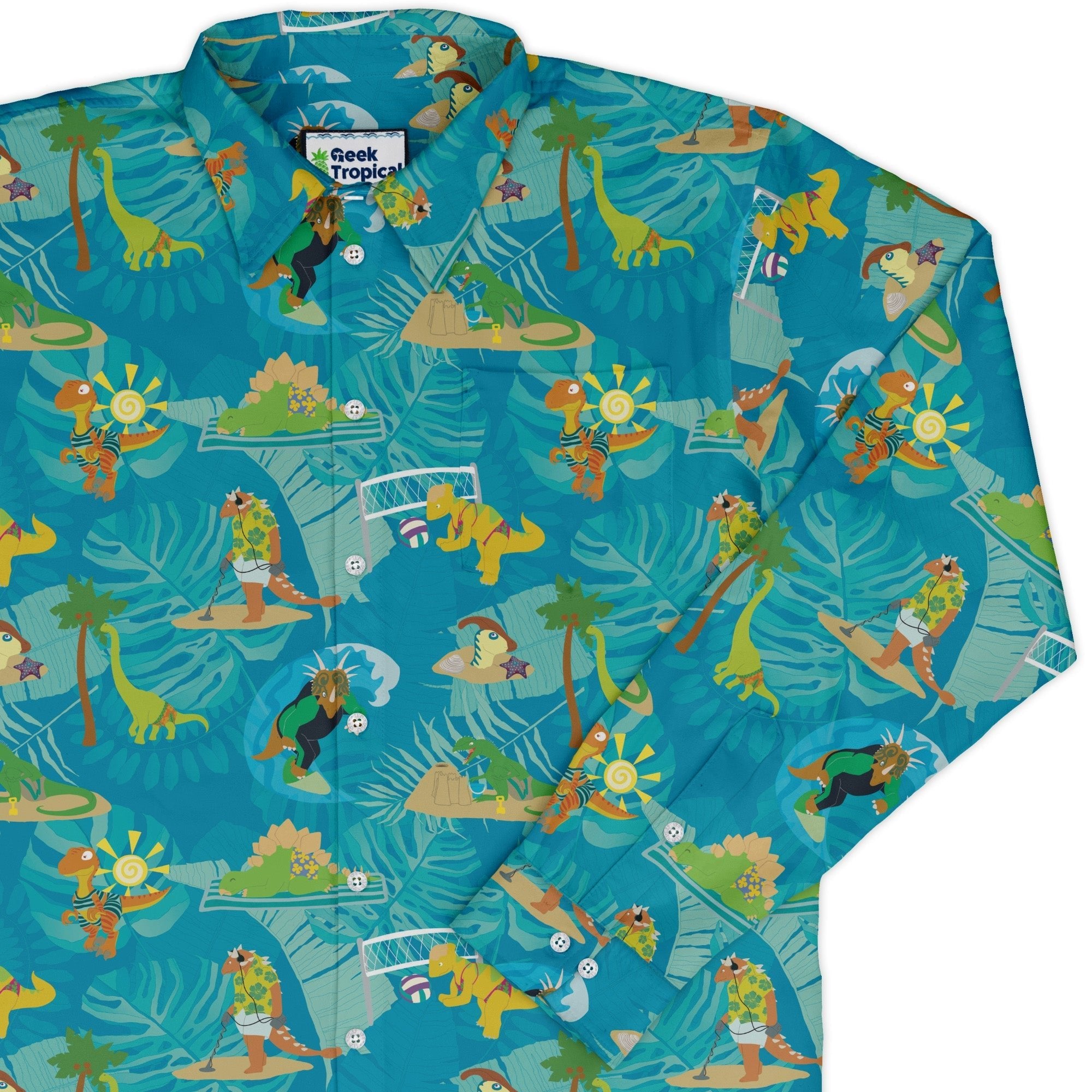 Dino Beach Party Long Sleeve Button Up Shirt Geek Nerd adult sizing Designs by Nathan dinosaur print