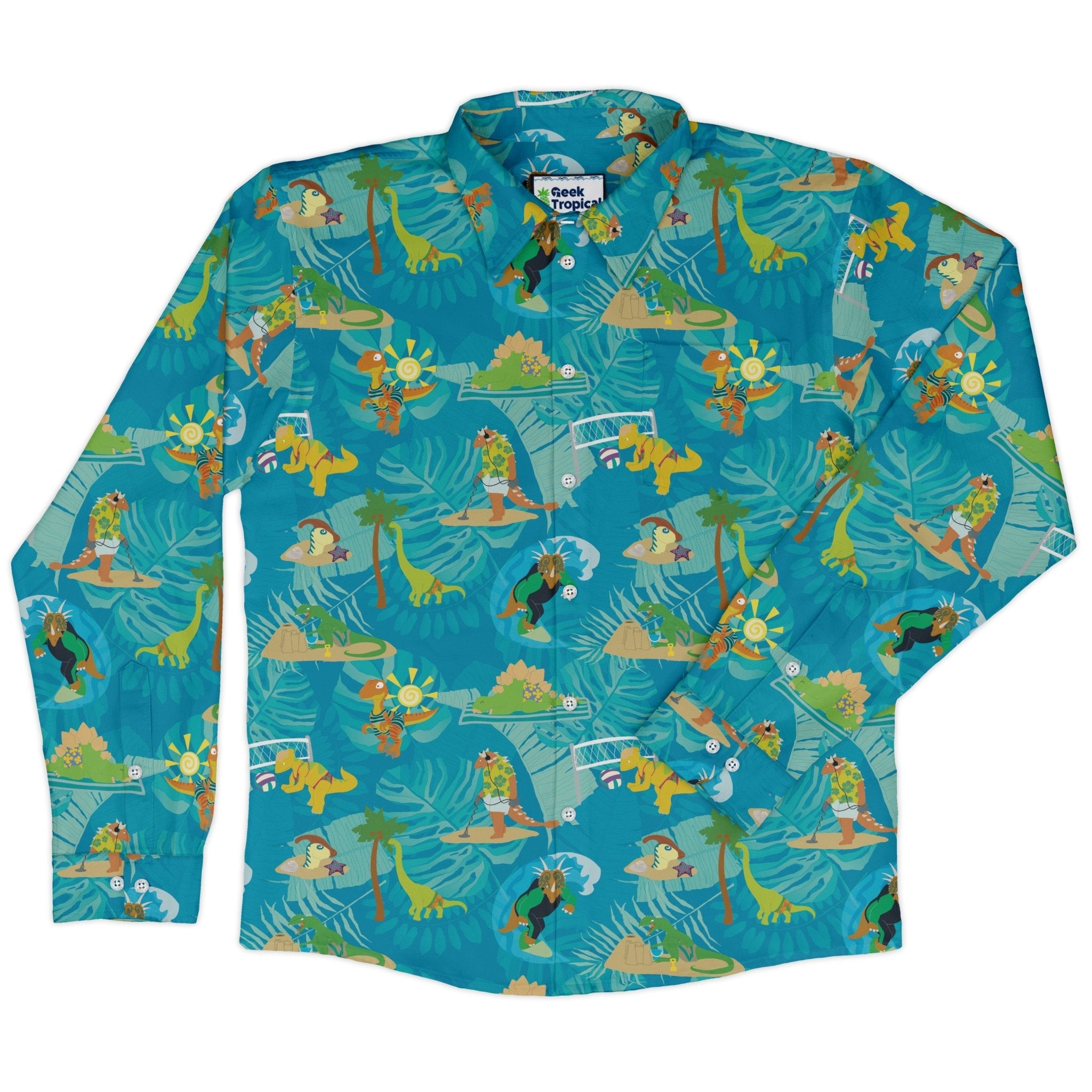 Dino Beach Party Long Sleeve Button Up Shirt Geek Nerd adult sizing Designs by Nathan dinosaur print