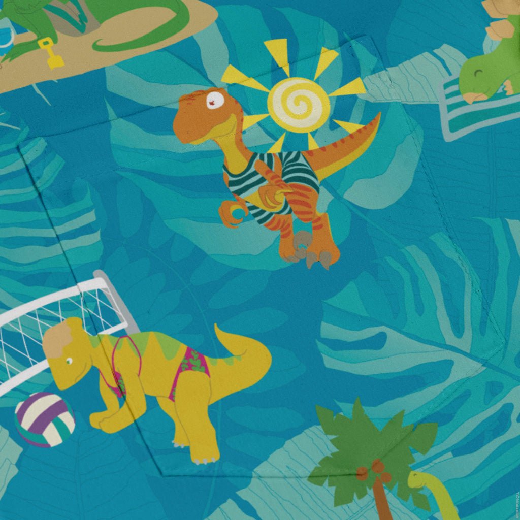 Dino Beach Party Long Sleeve Button Up Shirt Geek Nerd adult sizing Designs by Nathan dinosaur print